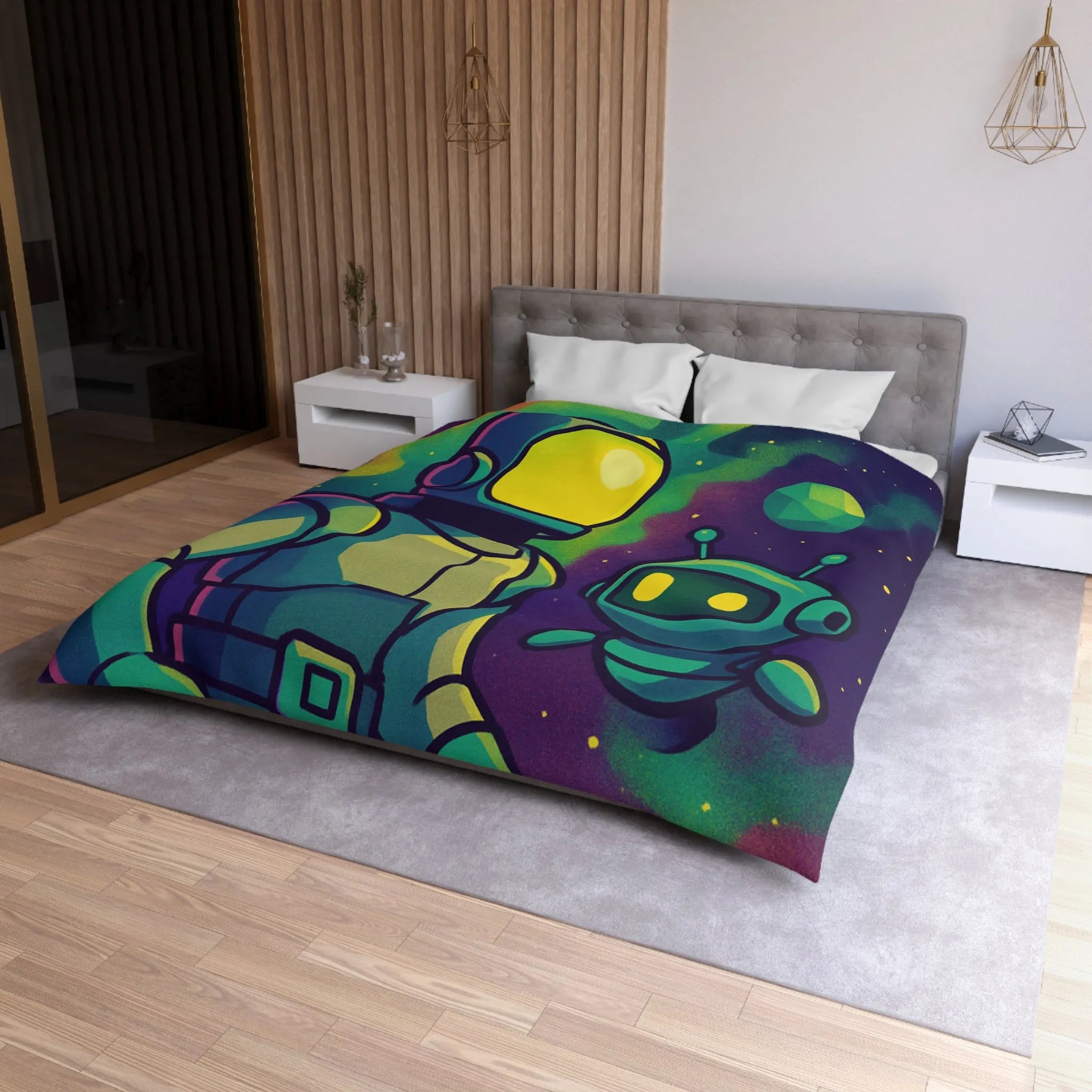 Housse de couette enfant espace avec cosmonaute et robot mignon en couleurs vives
