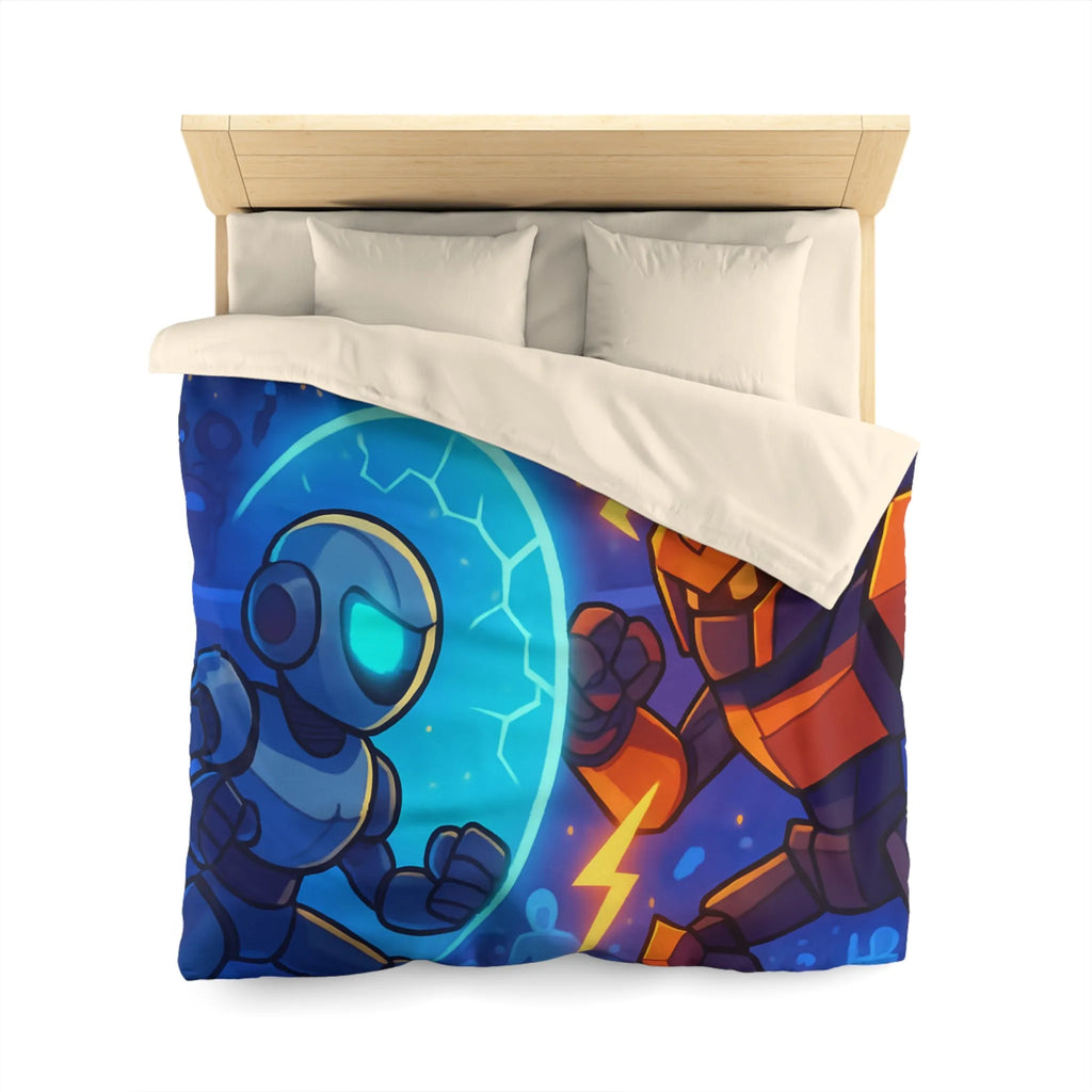 Housse de couette avec robots futuristes en duel, éclairs et énergie dans l'arène
