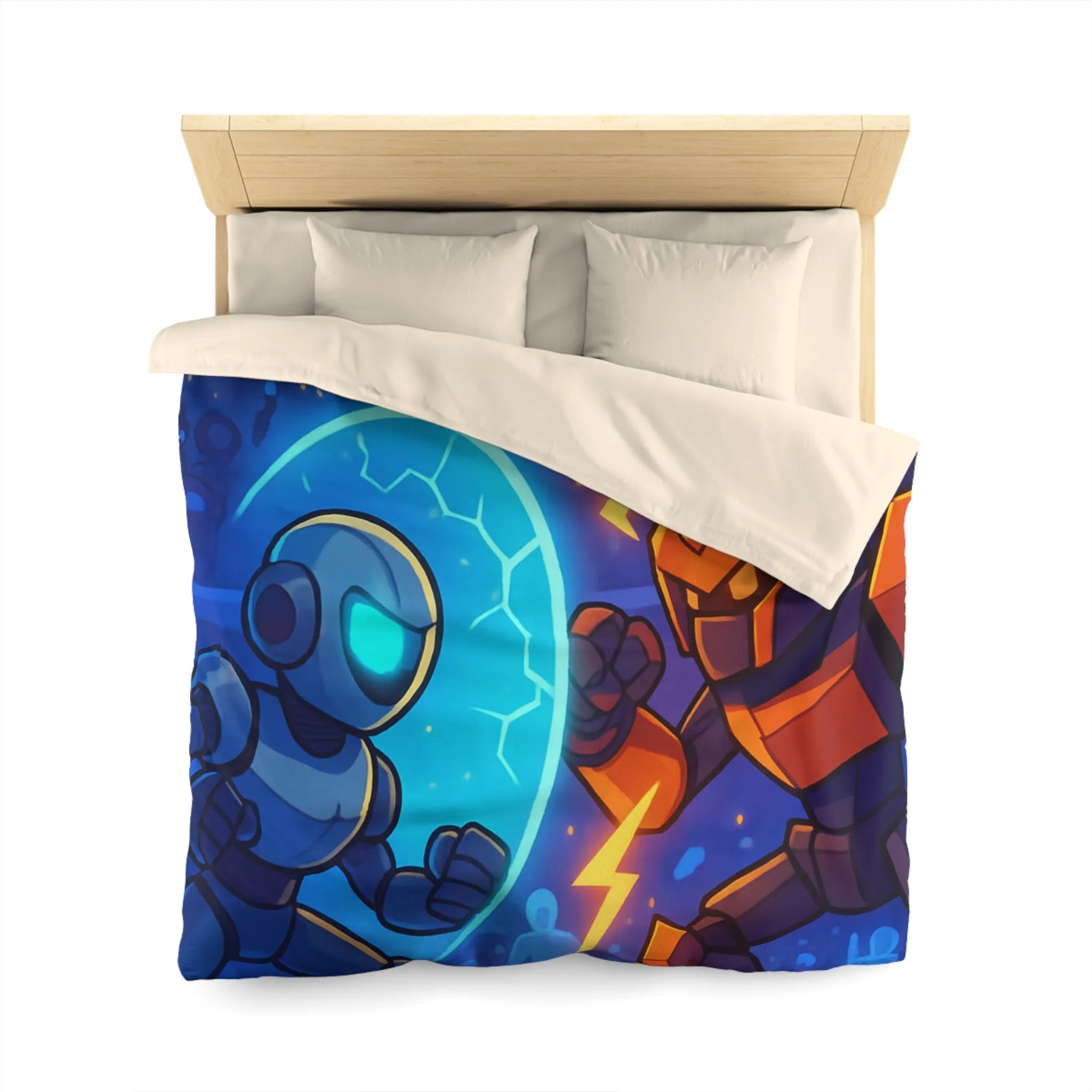 Housse de couette avec robots futuristes en duel, éclairs et énergie dans l'arène