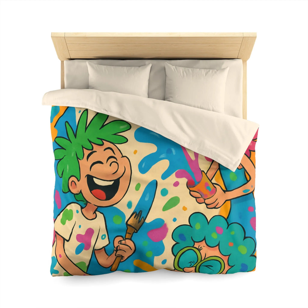 Housse de couette colorée pour enfants avec personnages joyeux et éclaboussures de peinture