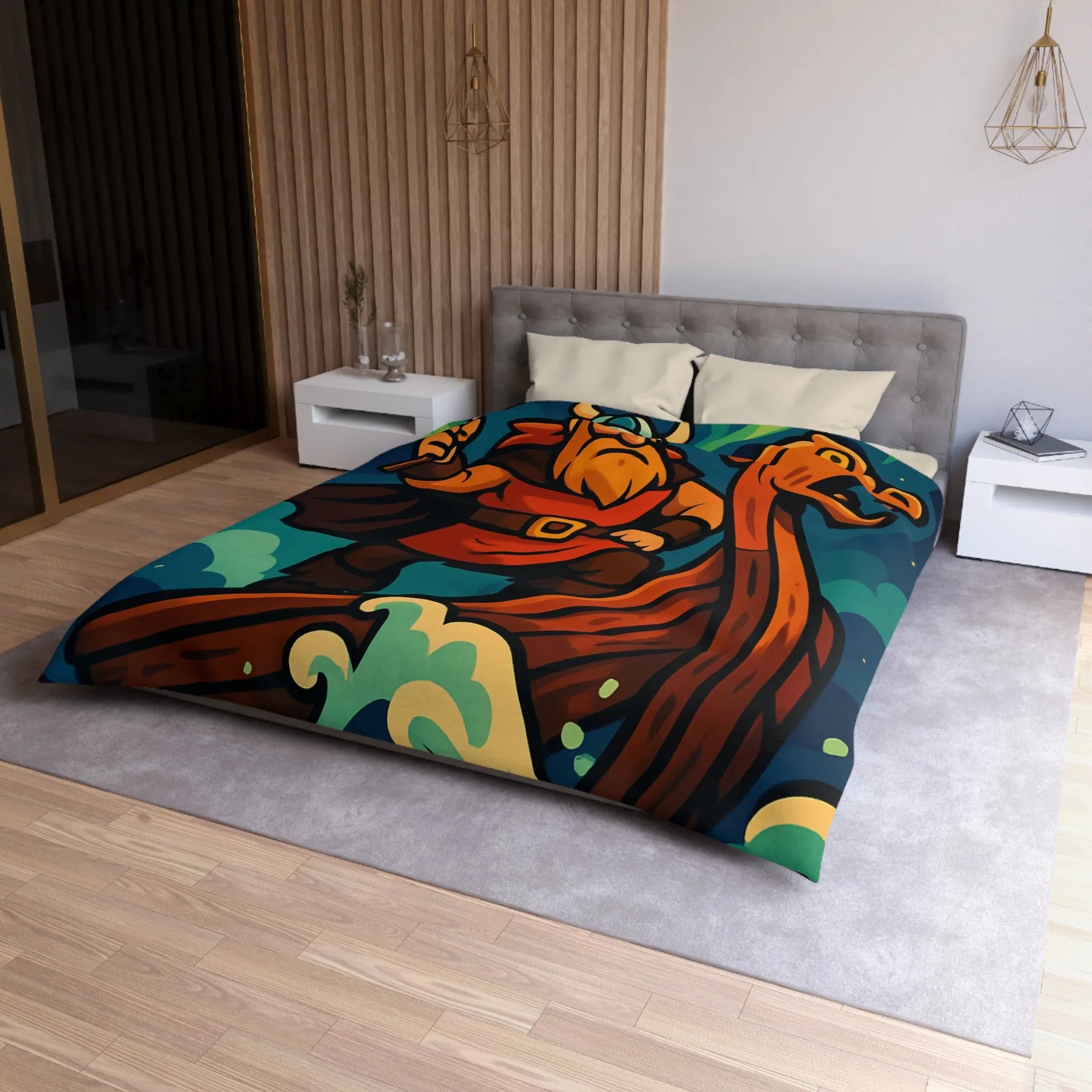 Housse de couette illustrée avec guerrier viking sur drakkar et aurores boréales