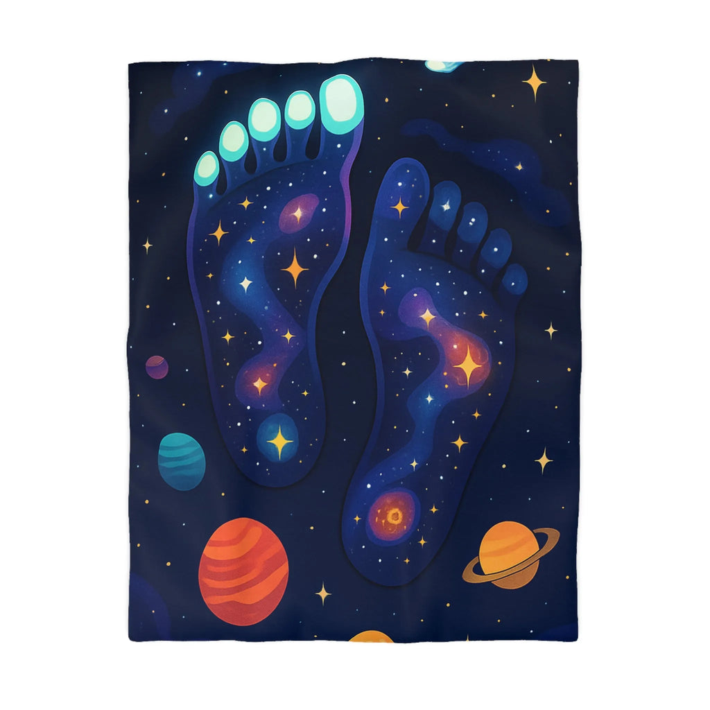 Housse de Couette Cosmos Enchanté avec Motifs de Pieds Galactiques Étincelants et Planètes