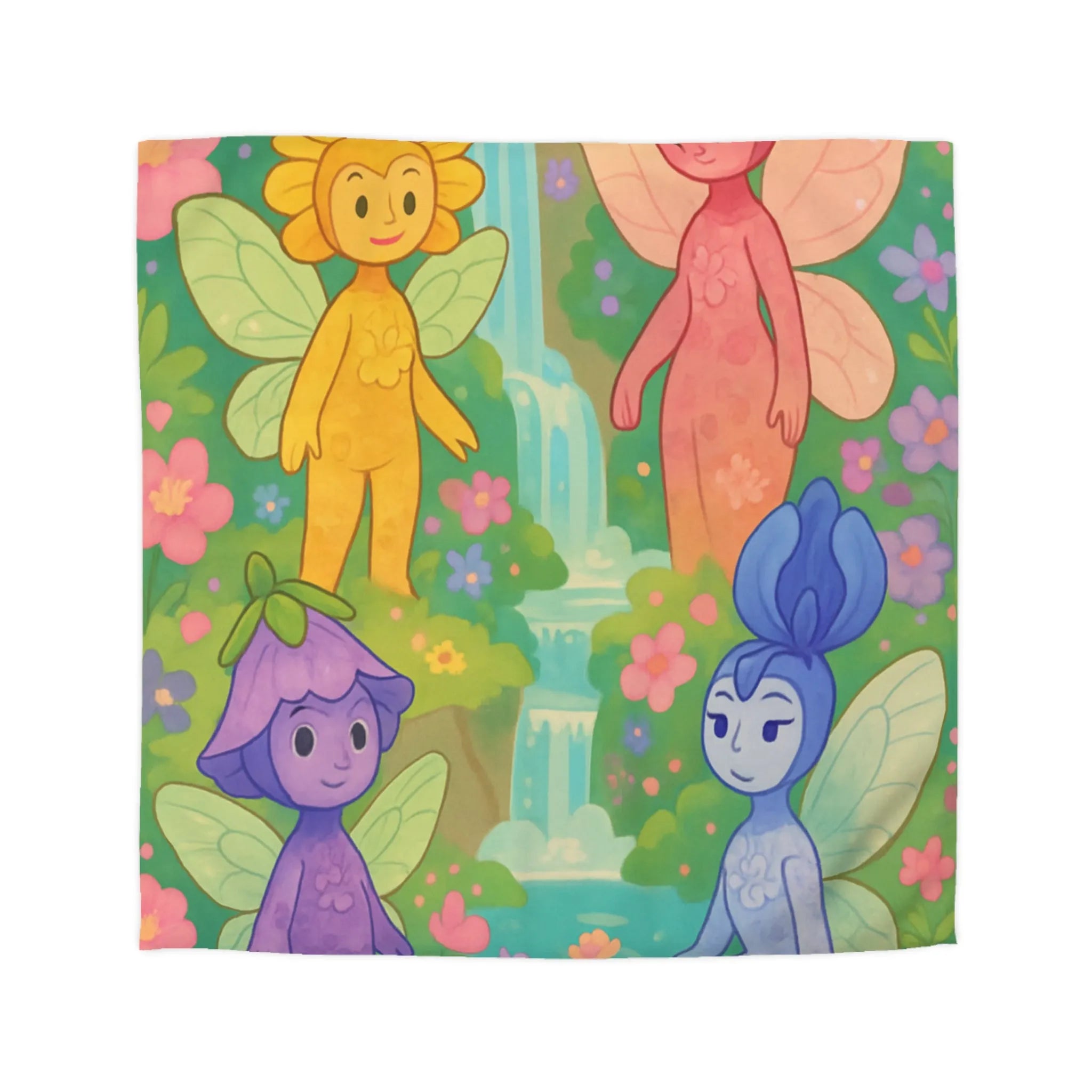 Housse de couette enchantée élégante avec fées colorées et cascade en arrière-plan
