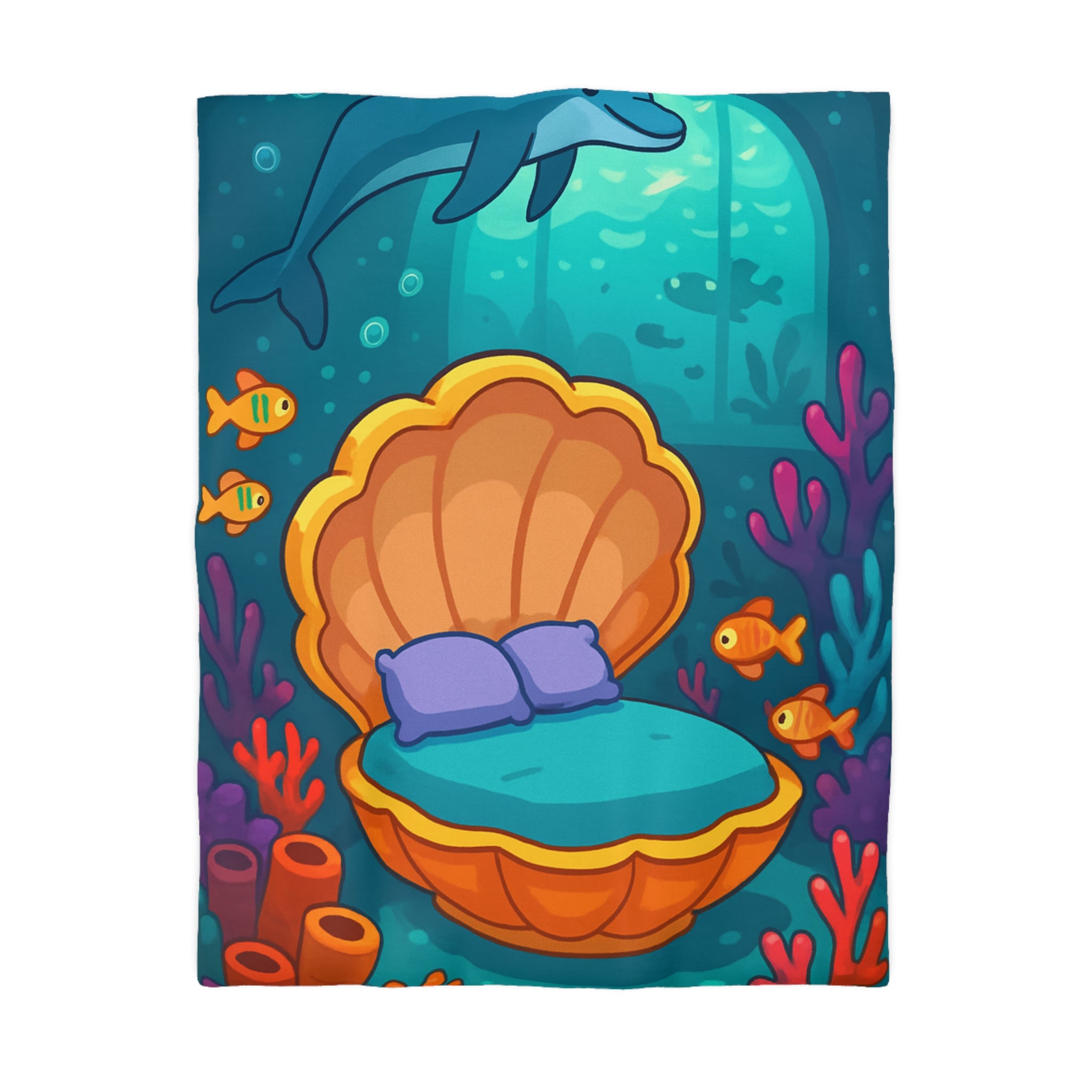 Housse de couette thème sous-marin avec dauphin, coquillage et barrières de corail colorées