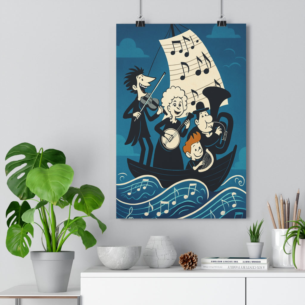 Poster décoratif aventure musicale bleu blanc joyeux moderne chambre salon enfant océan instruments animés