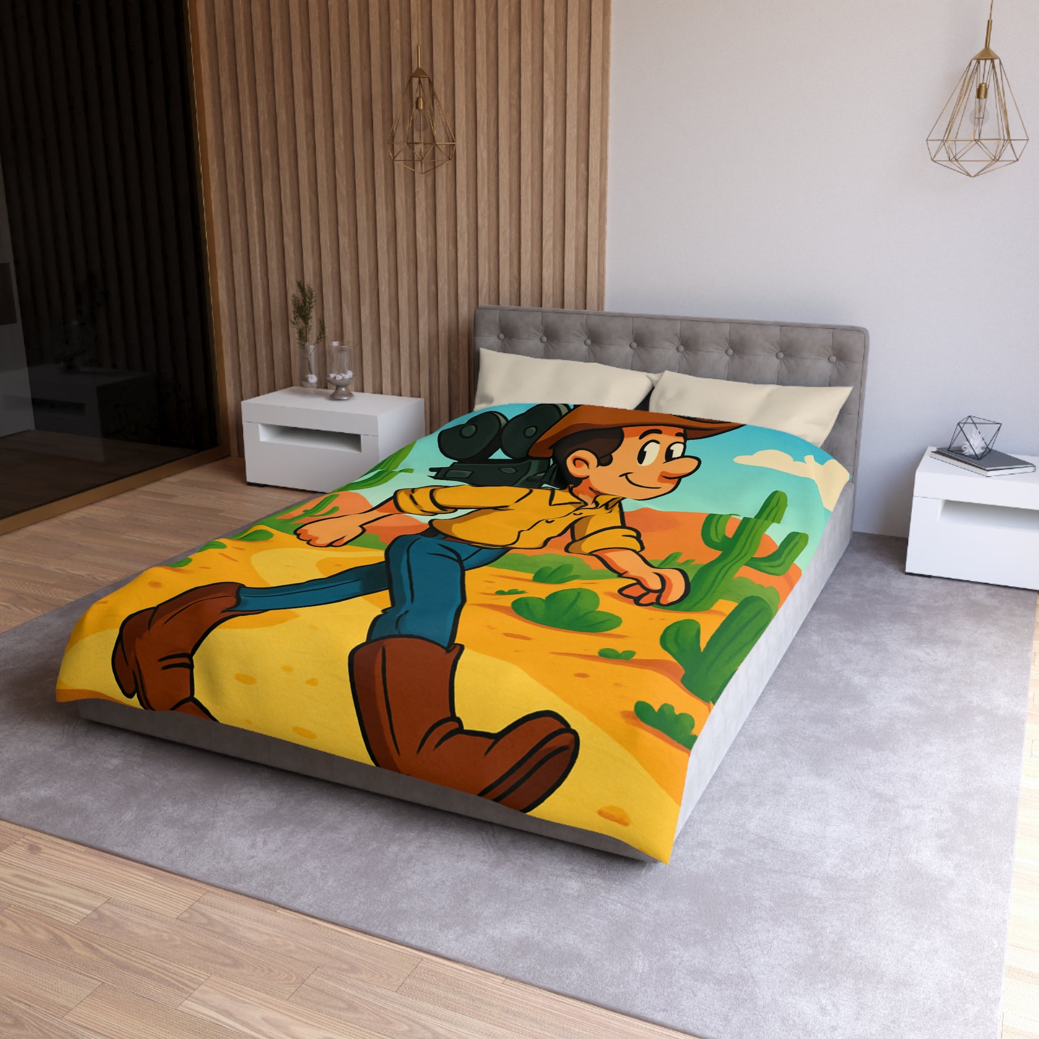 Housse de couette western cowboy dessin animé, désert cactus rétro style vibrant