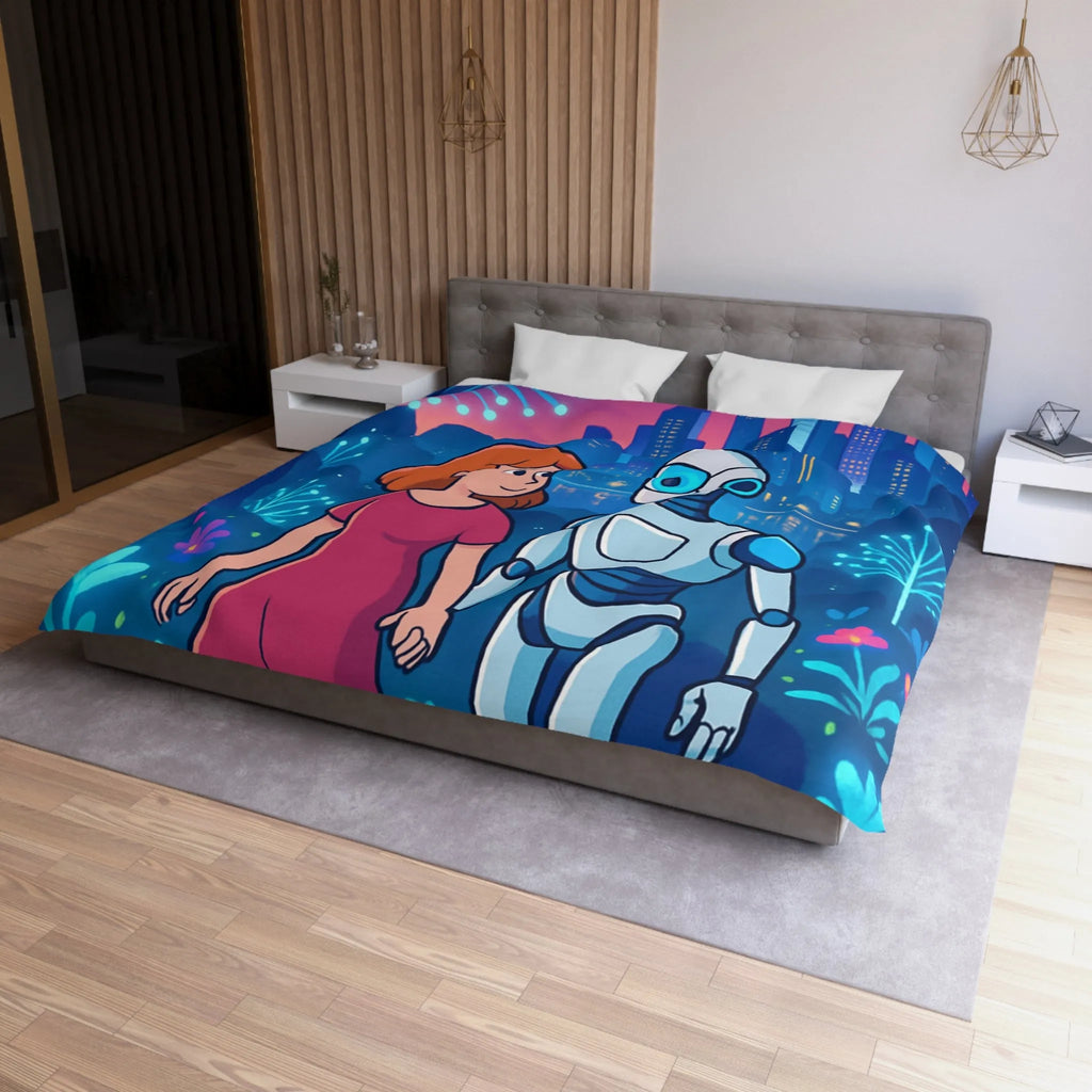 Housse de Couette Enchantée: Enfant et Robot dans un Univers Coloré et Futuriste