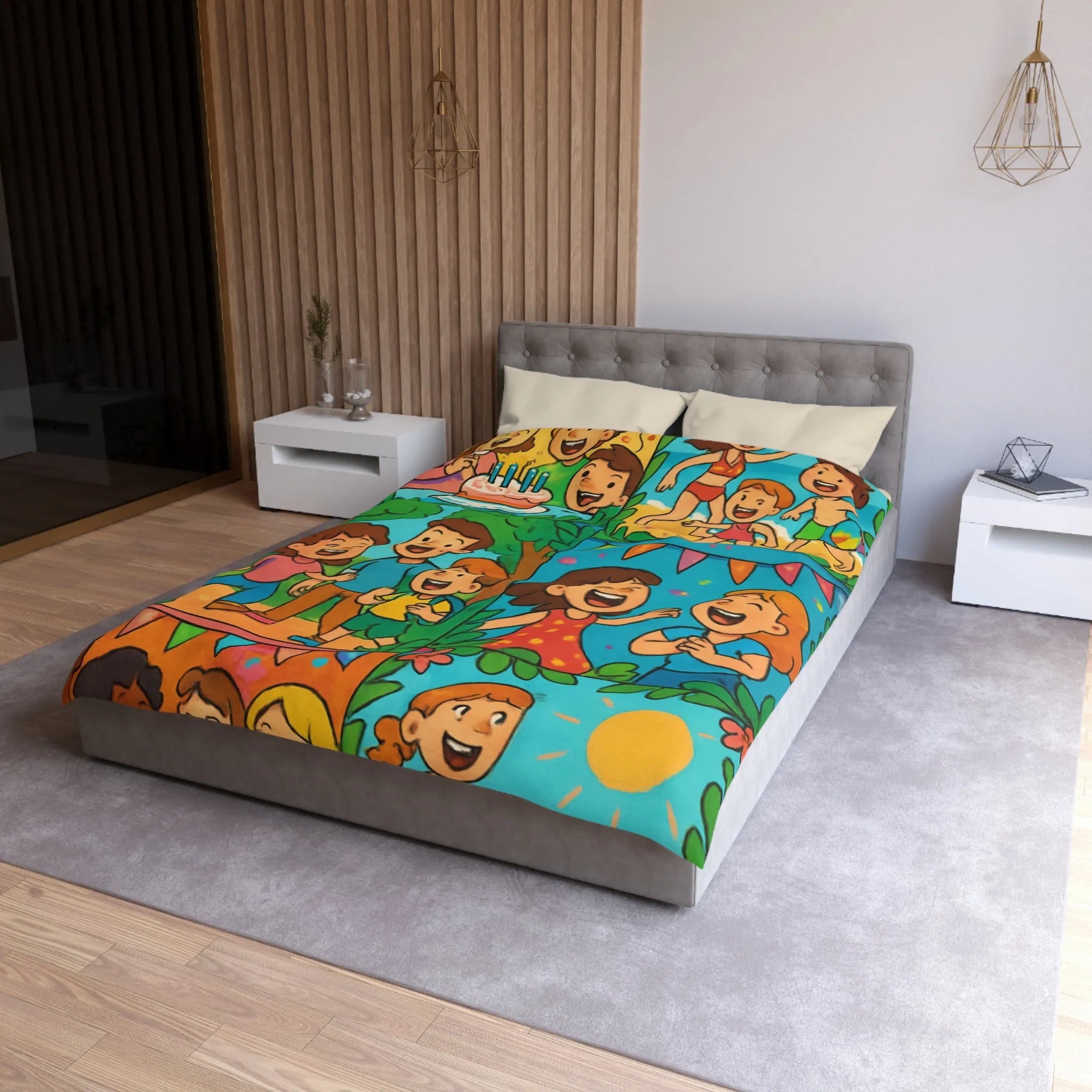 Housse de couette colorée avec scènes animées joyeuses pour enfants à thème festif