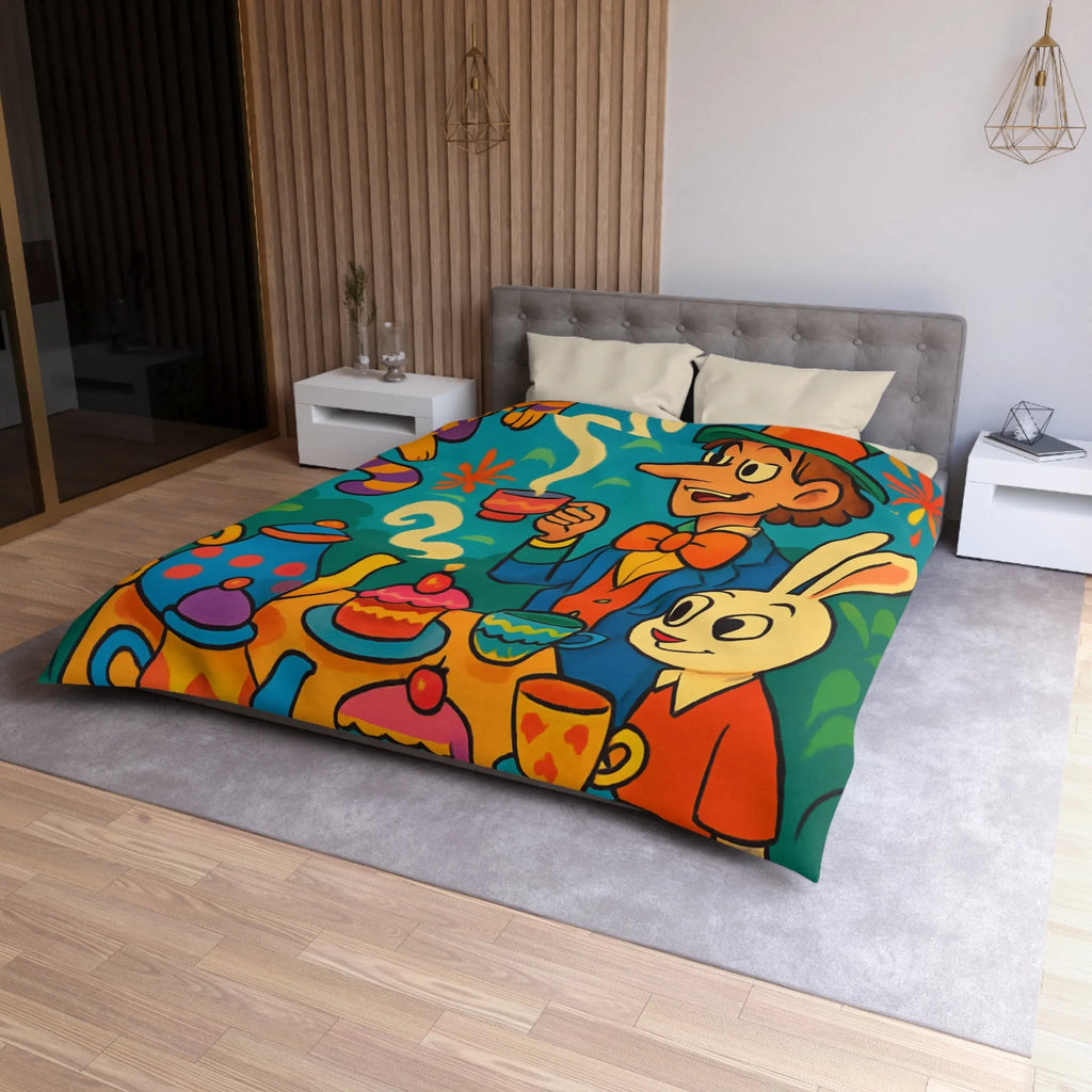 Housse de couette colorée avec scène de thé joyeuse inspirée d'un conte fantaisiste