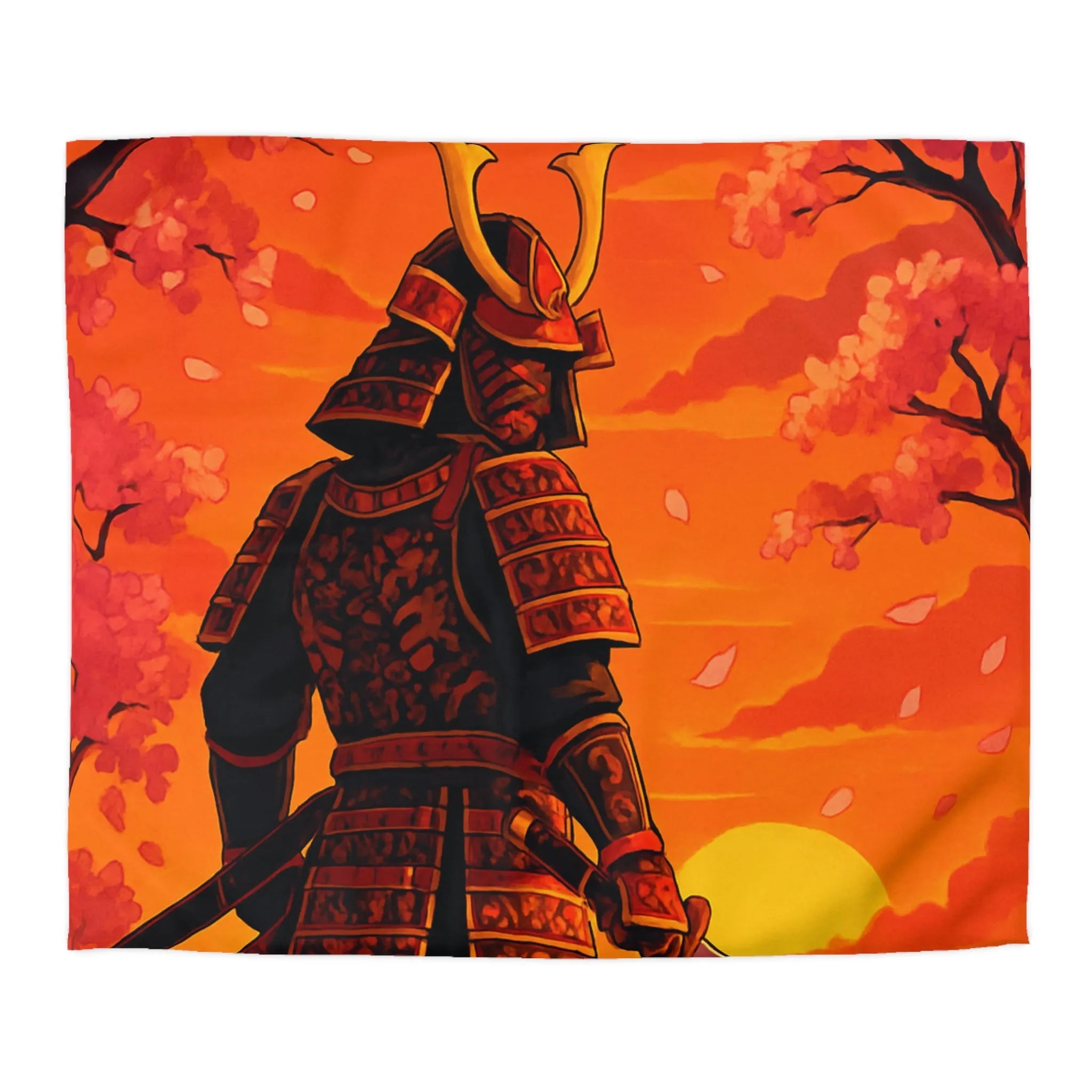 Housse de couette avec motif samouraï au coucher du soleil, arbres et fleurs roses