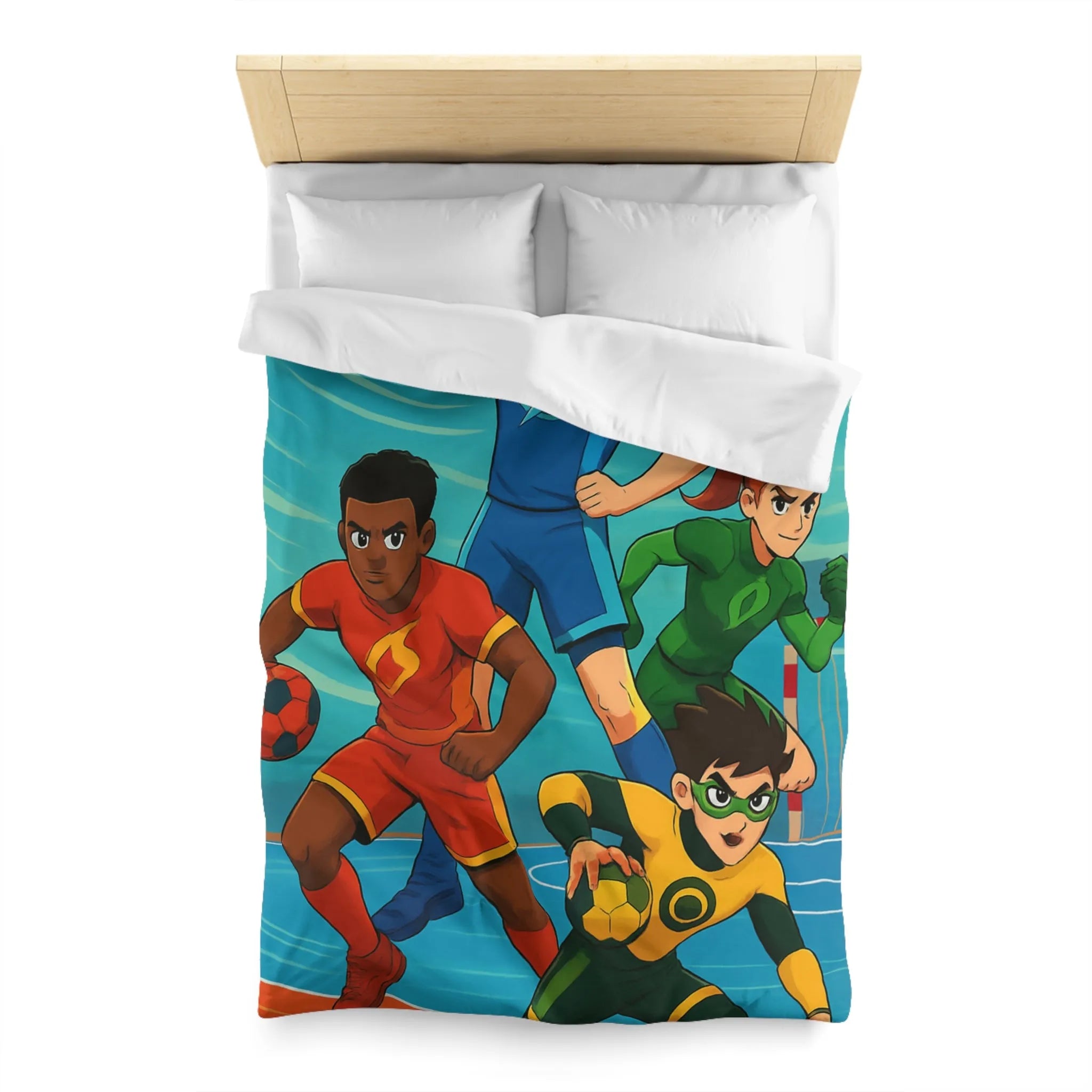 Housse de couette colorée super-héros, style bande dessinée sports, enfants aventure dynamique