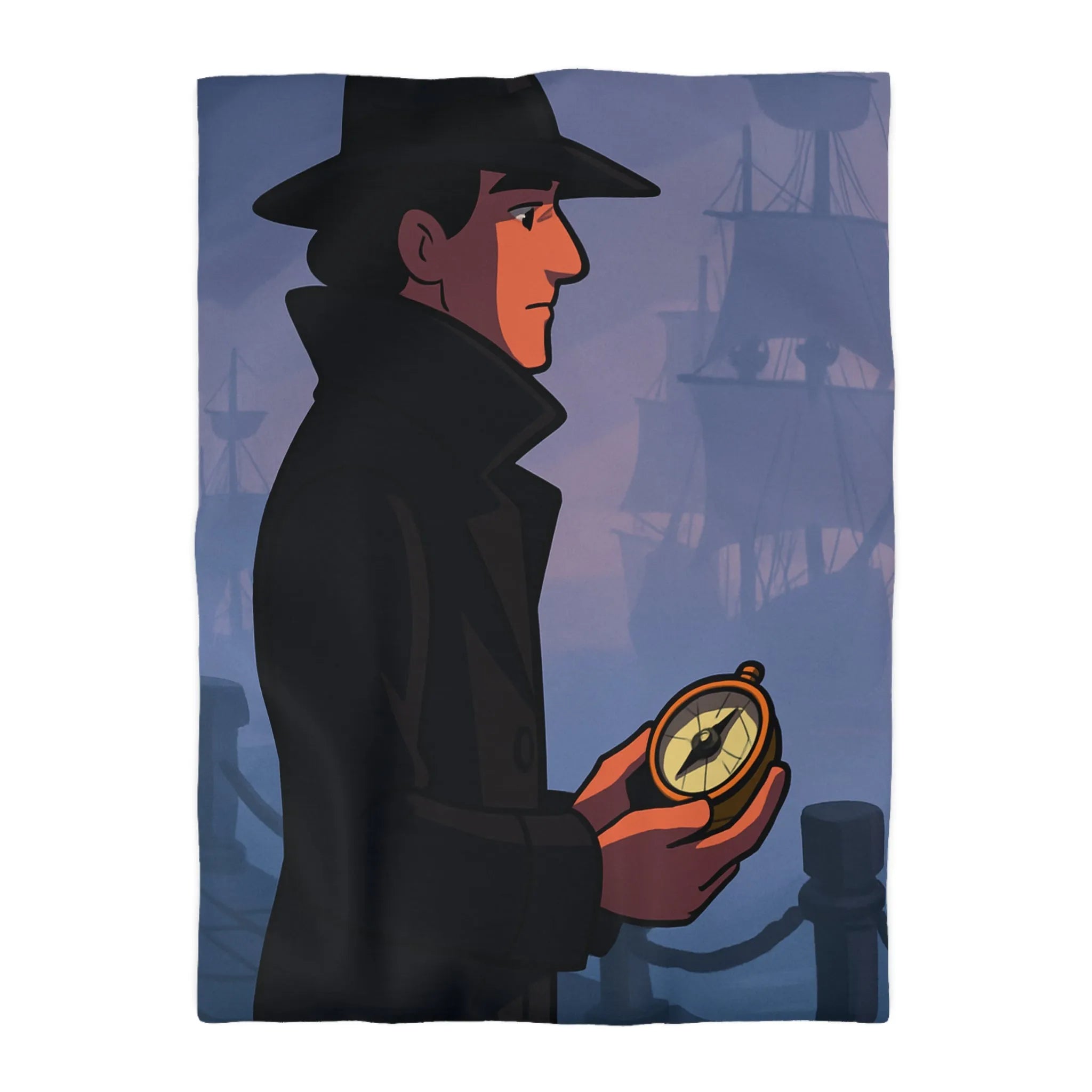 Élégant homme en manteau sombre tenant une boussole devant un port brumeux