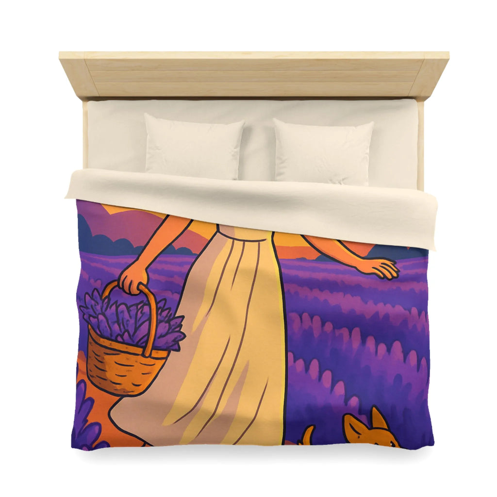 Housse de couette avec design fille et chien dans champ de lavande au coucher du soleil