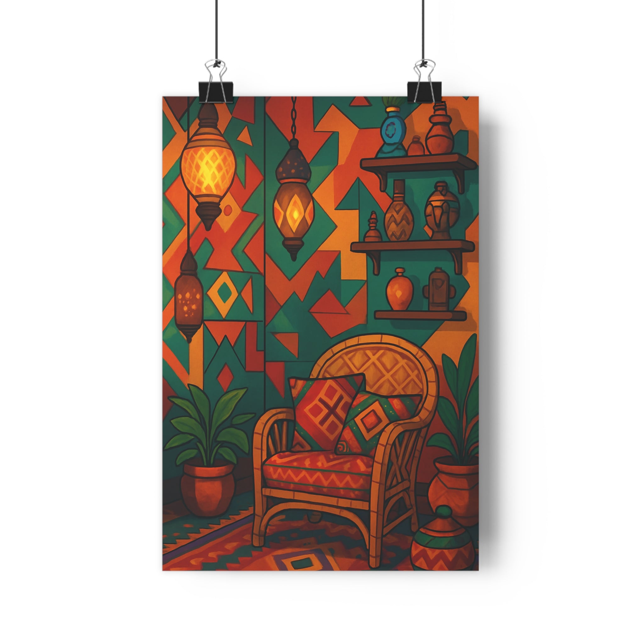 Poster décoratif bohème orange rouge turquoise salon chaleureux ambiance colorée fauteuil osier plantes motifs
