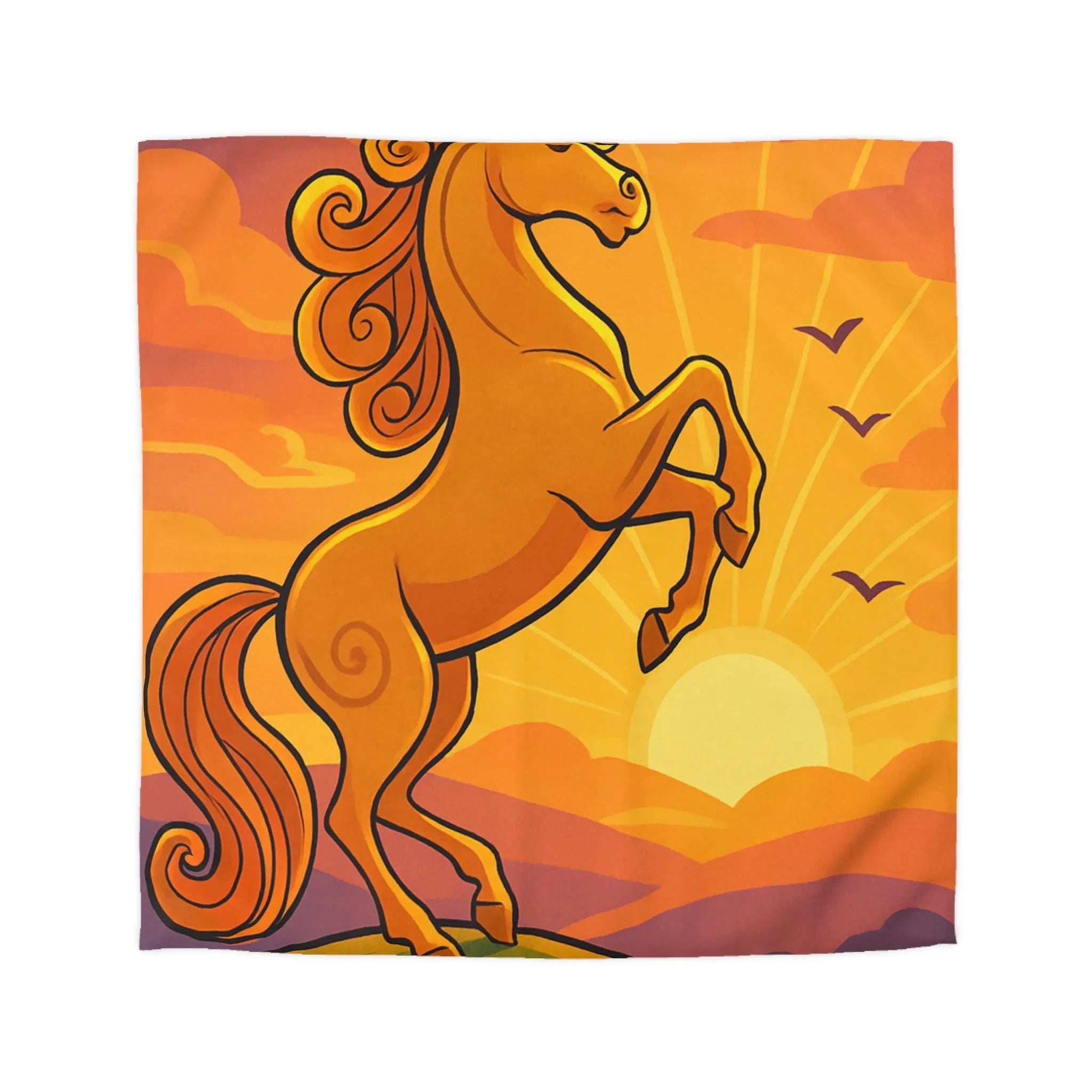 Housse de Couette Équestre Colorée : Cheval Cabré au Coucher de Soleil Artistique