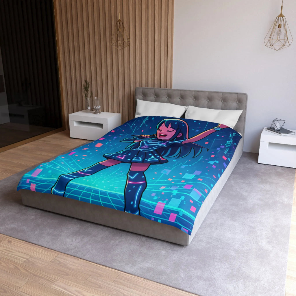 Housse de Couette Fille Chanteuse Néon Style Futuriste Graphiques Lumineux Bleu Rose