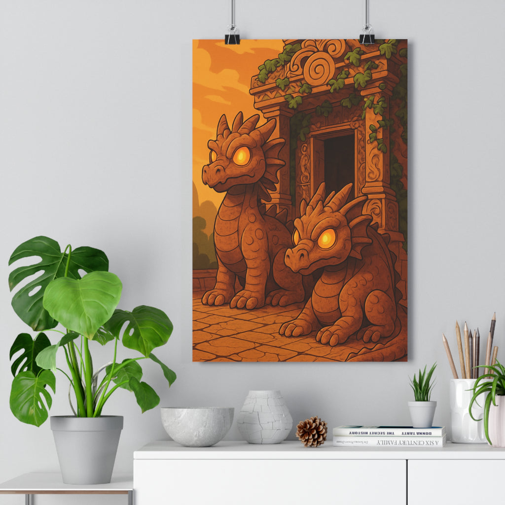 Poster décoratif fantastique dragons pierre mystique terracotta salon chambre temple yeux lumineux vignoble qualité