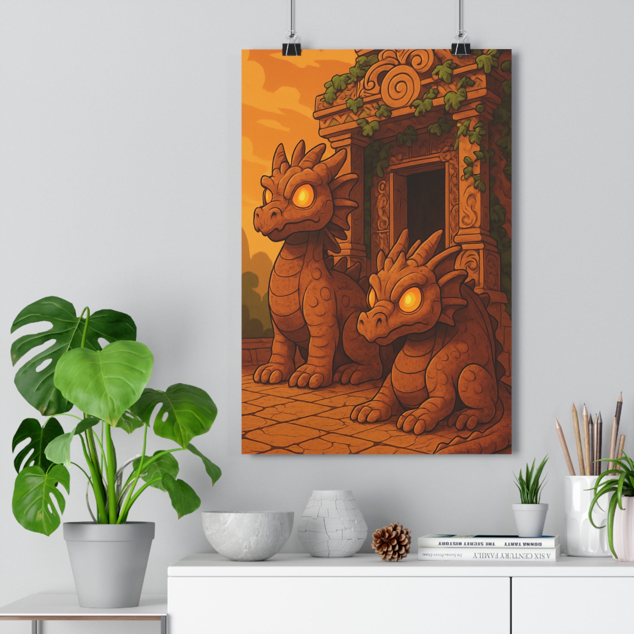 Poster décoratif fantastique dragons pierre mystique terracotta salon chambre temple yeux lumineux vignoble qualité