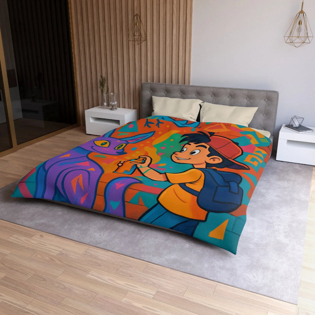 Housse de couette colorée pour enfant avec motifs graffiti et animaux urbains