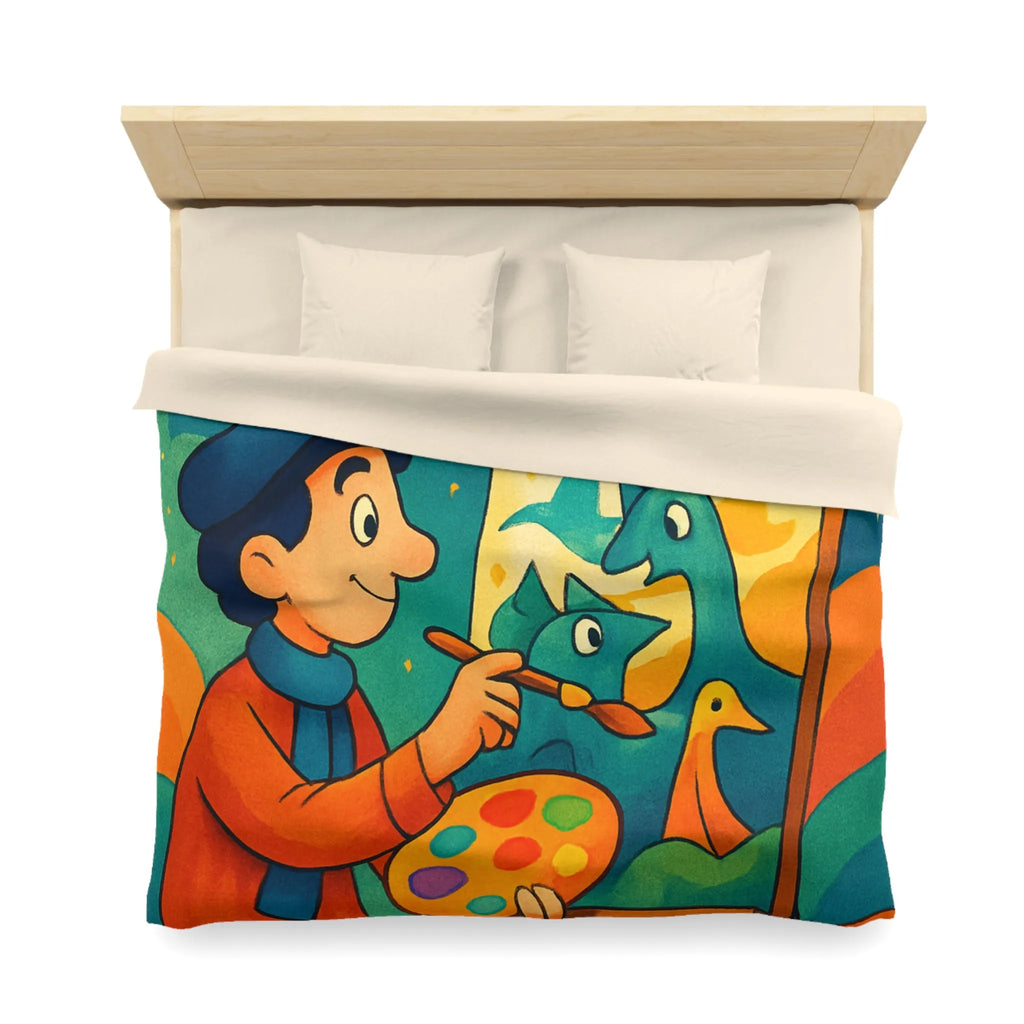 Housse de couette artistique colorée avec peintre et créatures fantaisistes en arrière-plan étoilé