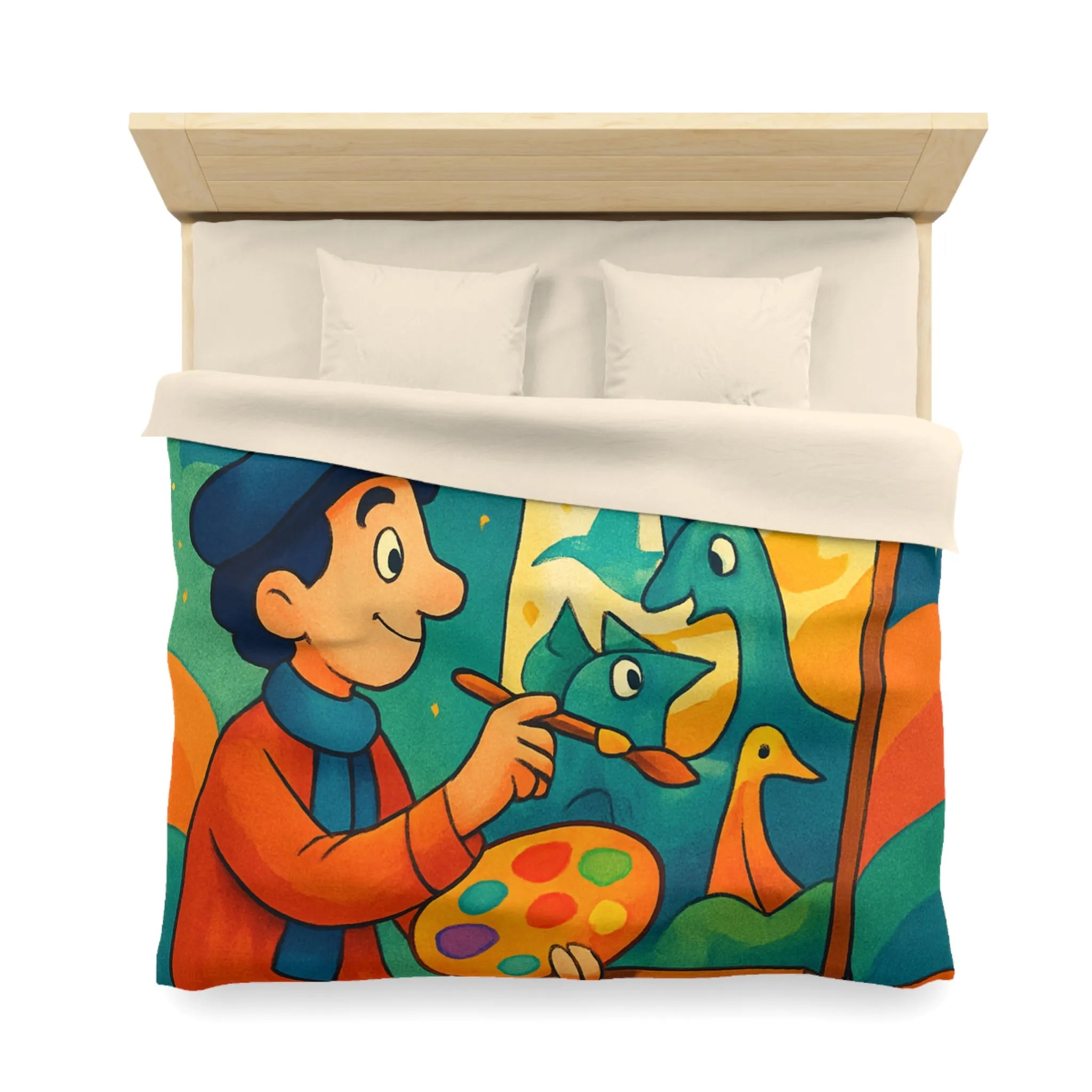 Housse de couette artistique colorée avec peintre et créatures fantaisistes en arrière-plan étoilé