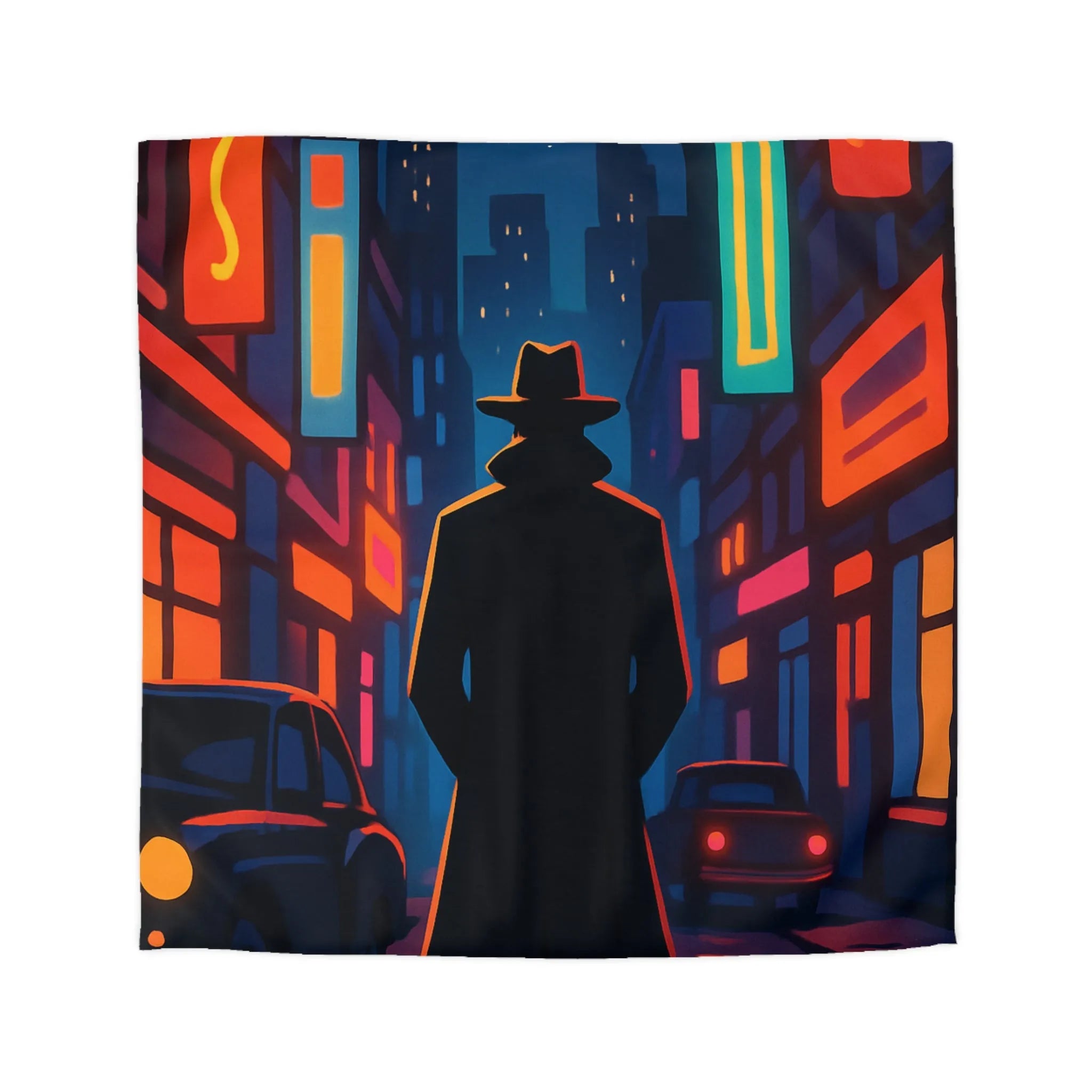 Housse de couette avec silhouette urbaine rétro, lune mystérieuse et néons intenses