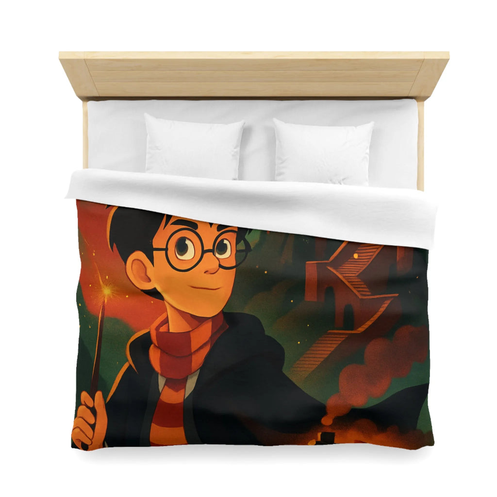 Housse de couette magique avec jeune sorcier, hibou, château et train en fond