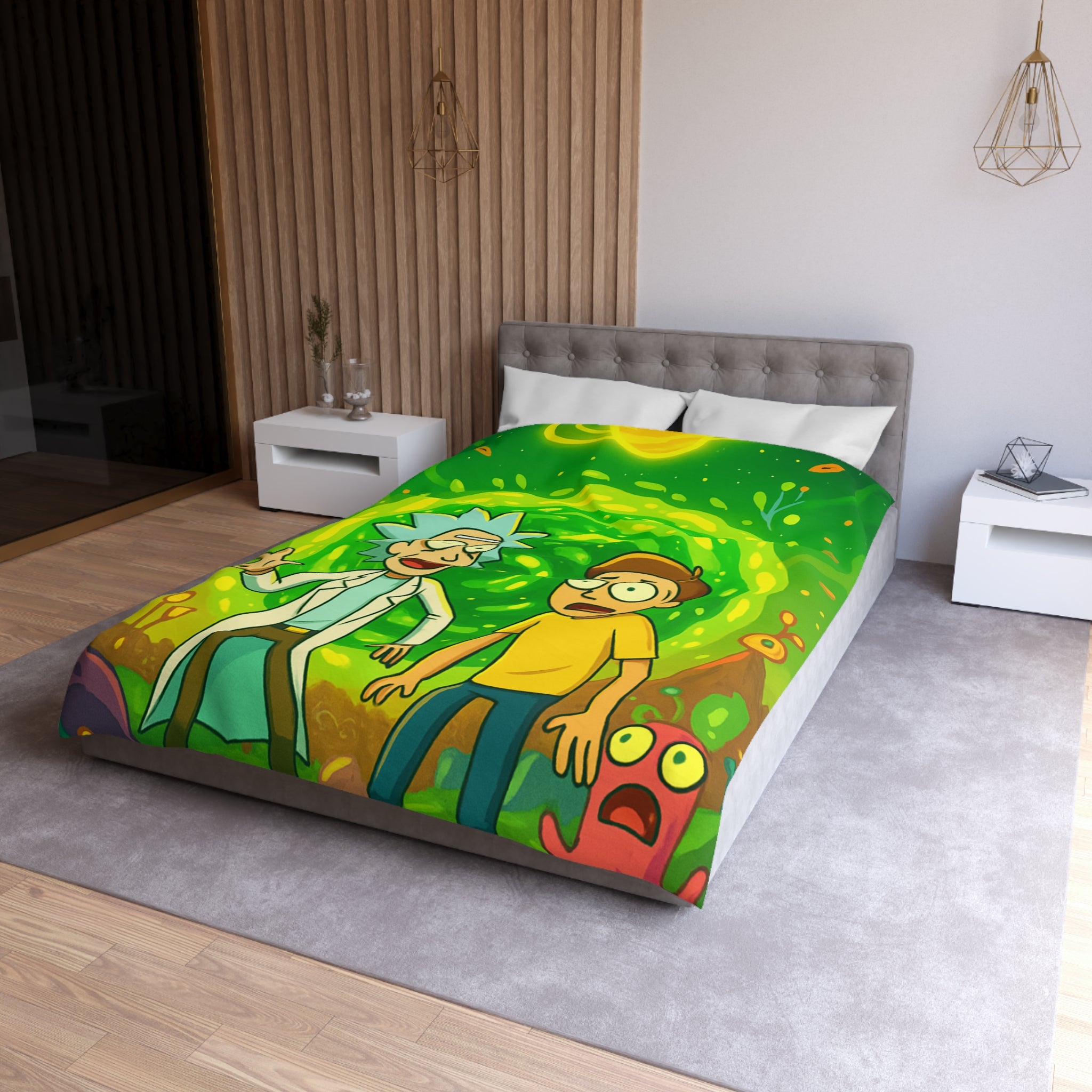 Housse de couette thème dimension aventure verte avec duo explorateur et planète lumineuse