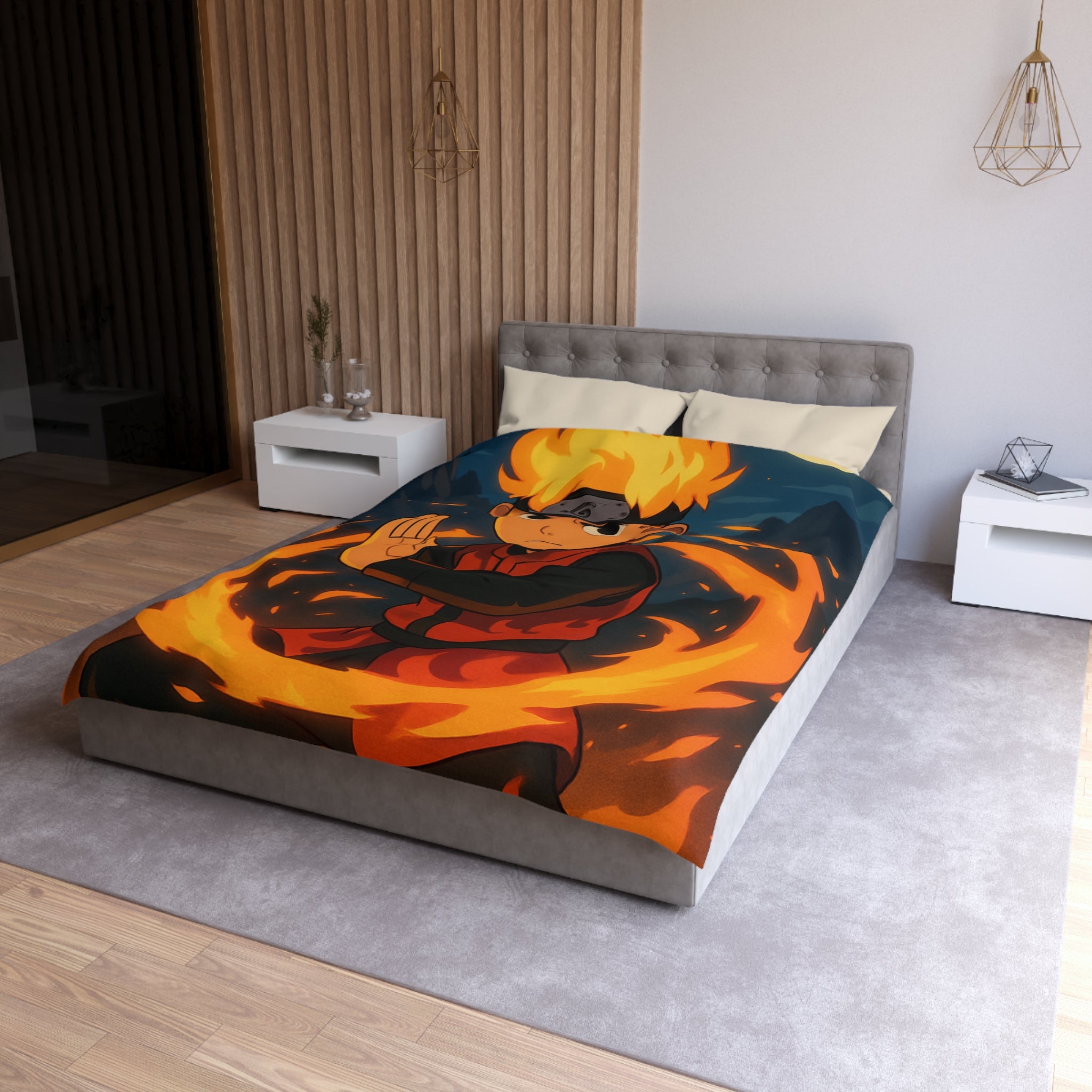 Housse de couette stylée avec enfant maîtrise le feu sous une pleine lune mystique