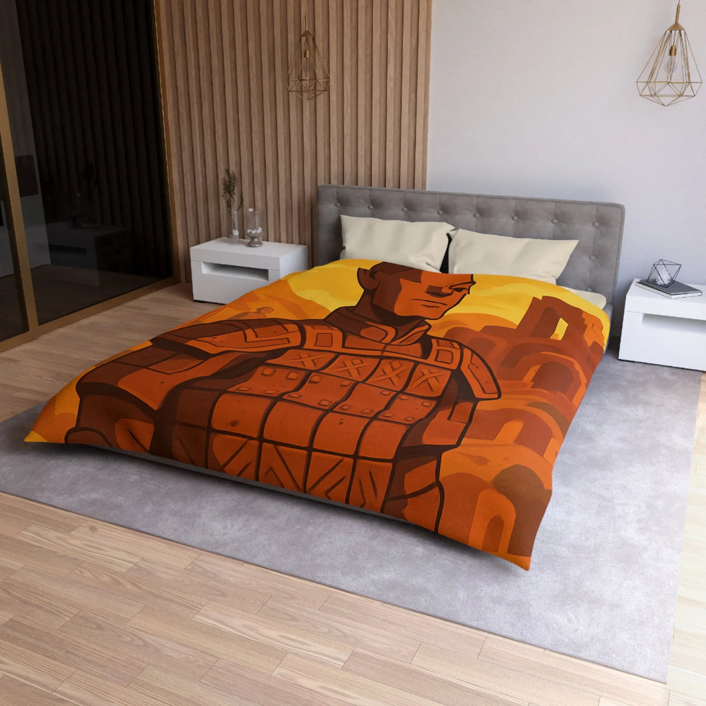 Housse de couette inspirée des guerriers antiques dans un style artistique épuré et vibrant