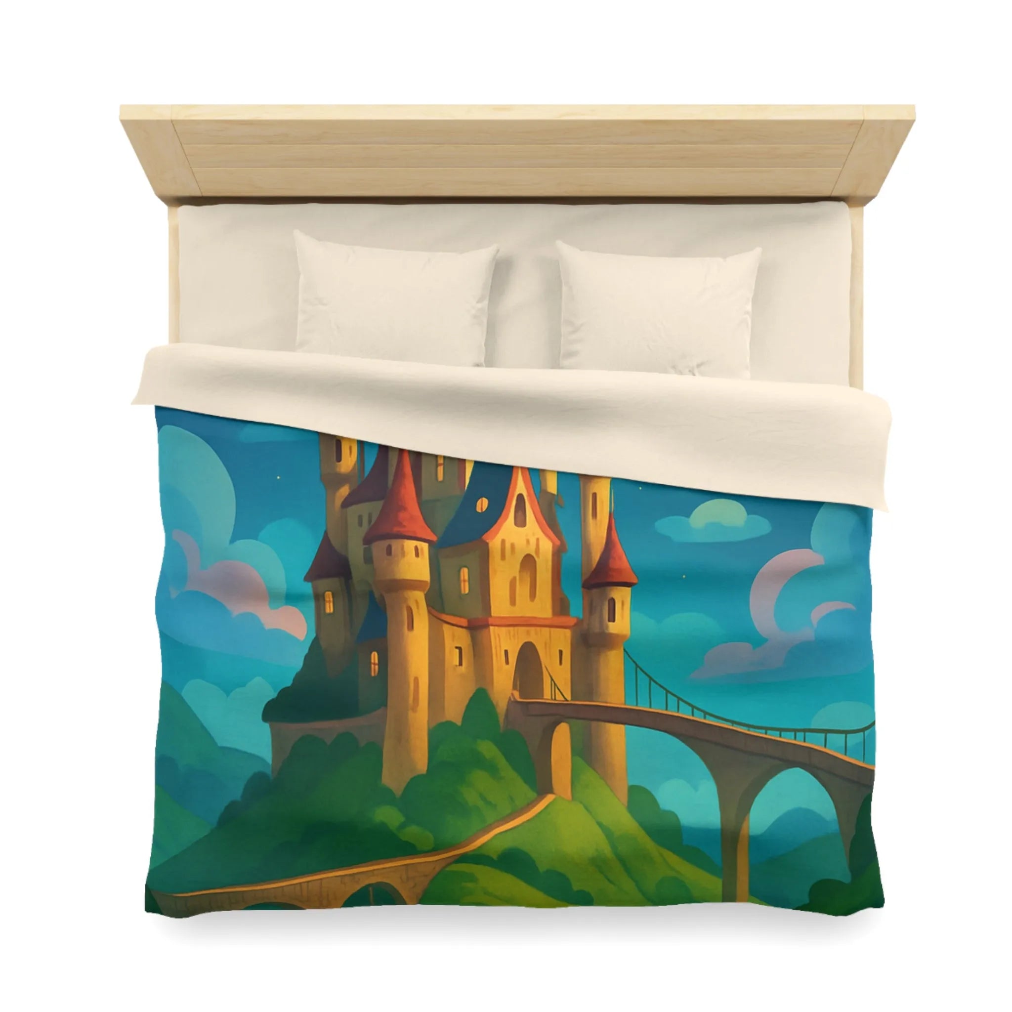 Housse de couette château féerique illuminé par la lune dans un paysage enchanteur nocturne