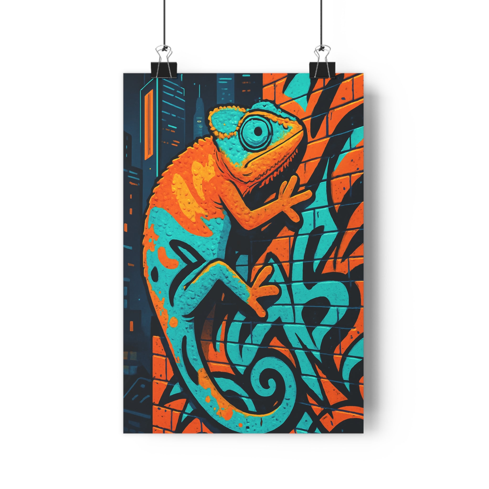 Poster décoratif caméléon turquoise orange cartoon urbain dynamique salon bureau art mural contemporain qualité