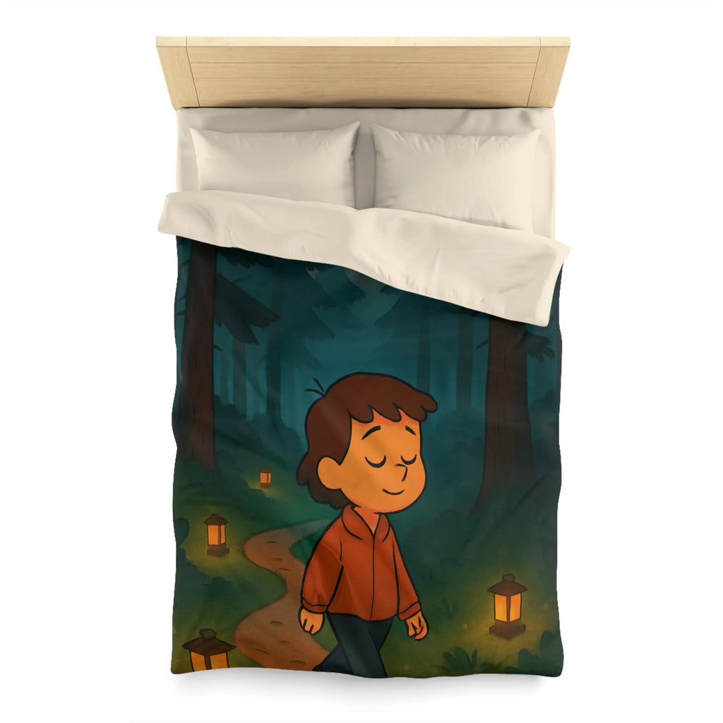 Housse de couette enfantine avec décor paisible de forêt au crépuscule pleine de lanternes