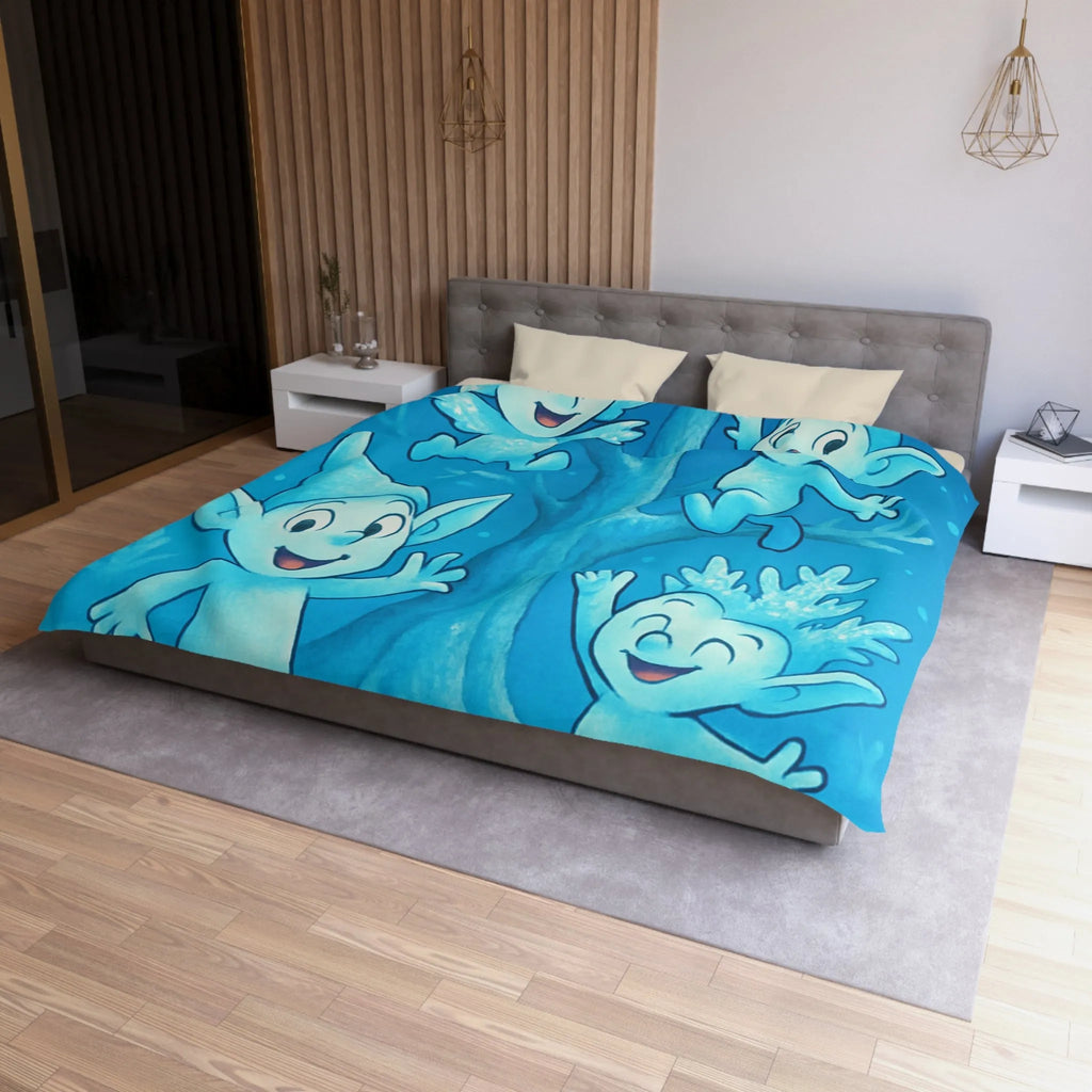 Housse de couette féerique avec lutins bleus dans forêt enchantée hivernale et magique