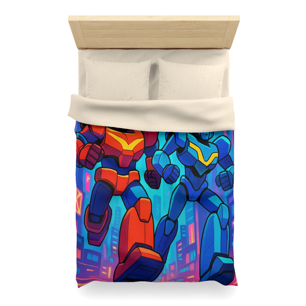 Housse de couette robot futuriste colorée, style rétro avec ambiance urbaine dynamique