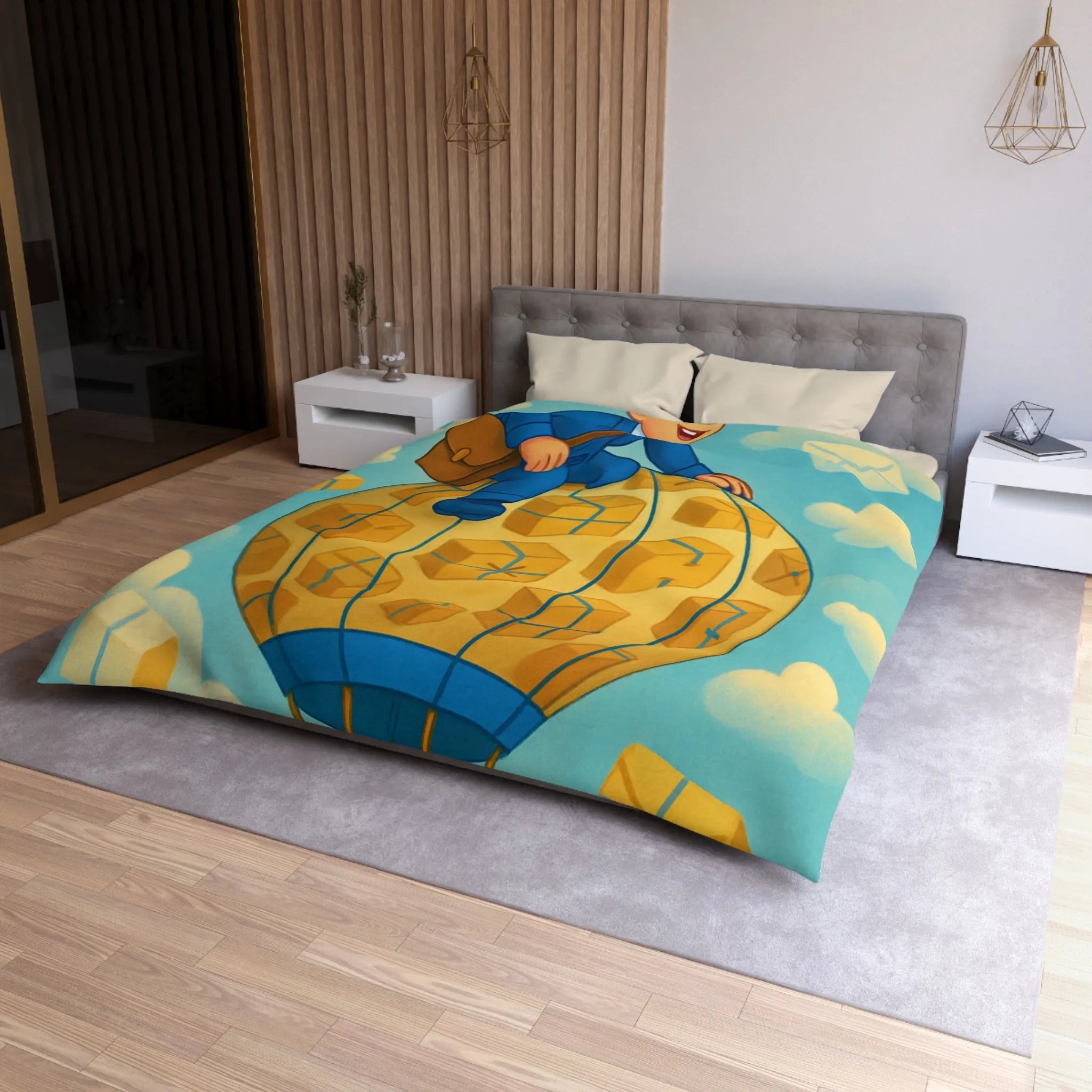 Housse de couette colorée avec montgolfière et livreur volant dans le ciel animés