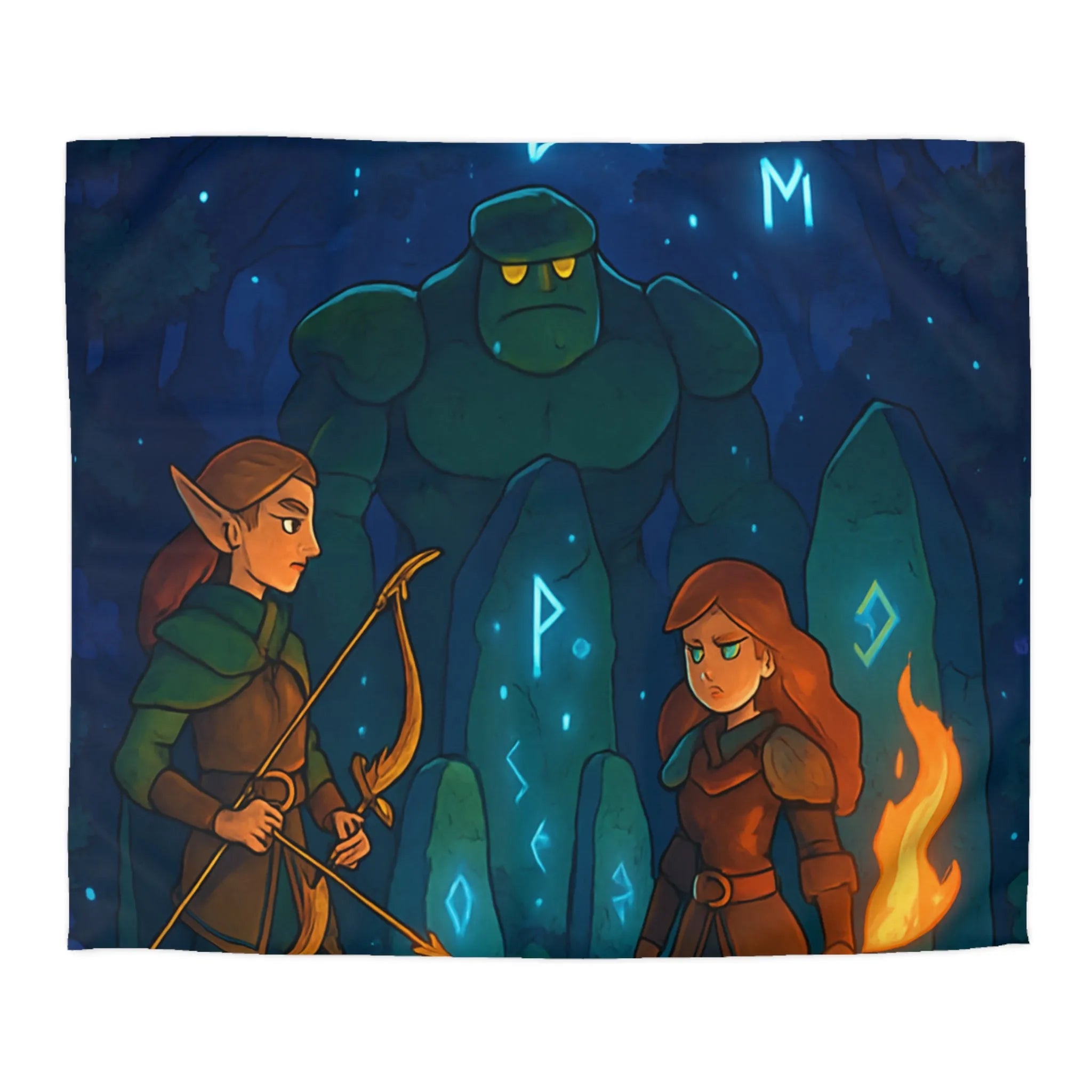 Housse de couette avec illustration de forêt mystique illuminée par runes magiques et lune