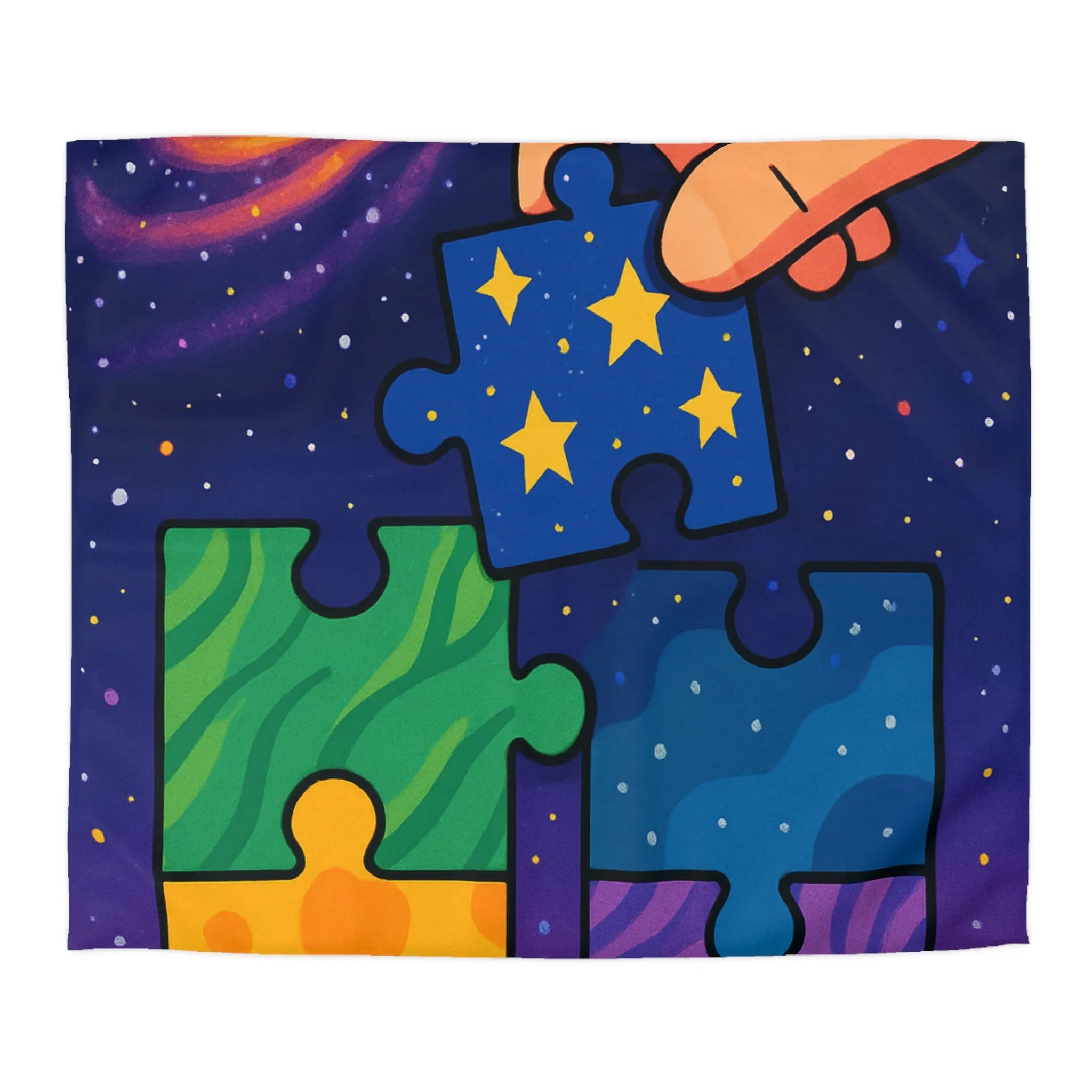 Housse de couette colorée avec motifs puzzle vibrants et design cosmique étoilé