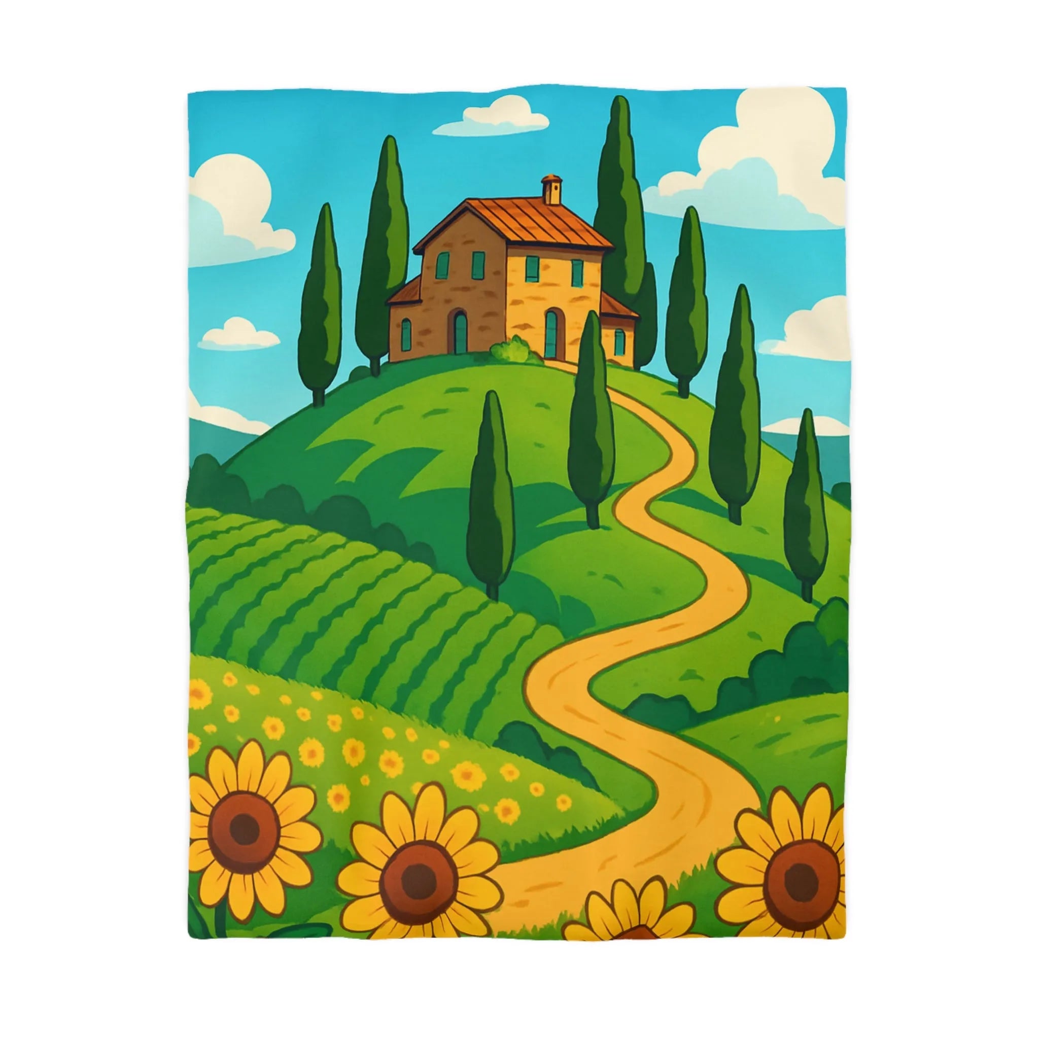 Décoration champêtre colorée : housse de couette avec maison et tournesols vibrants