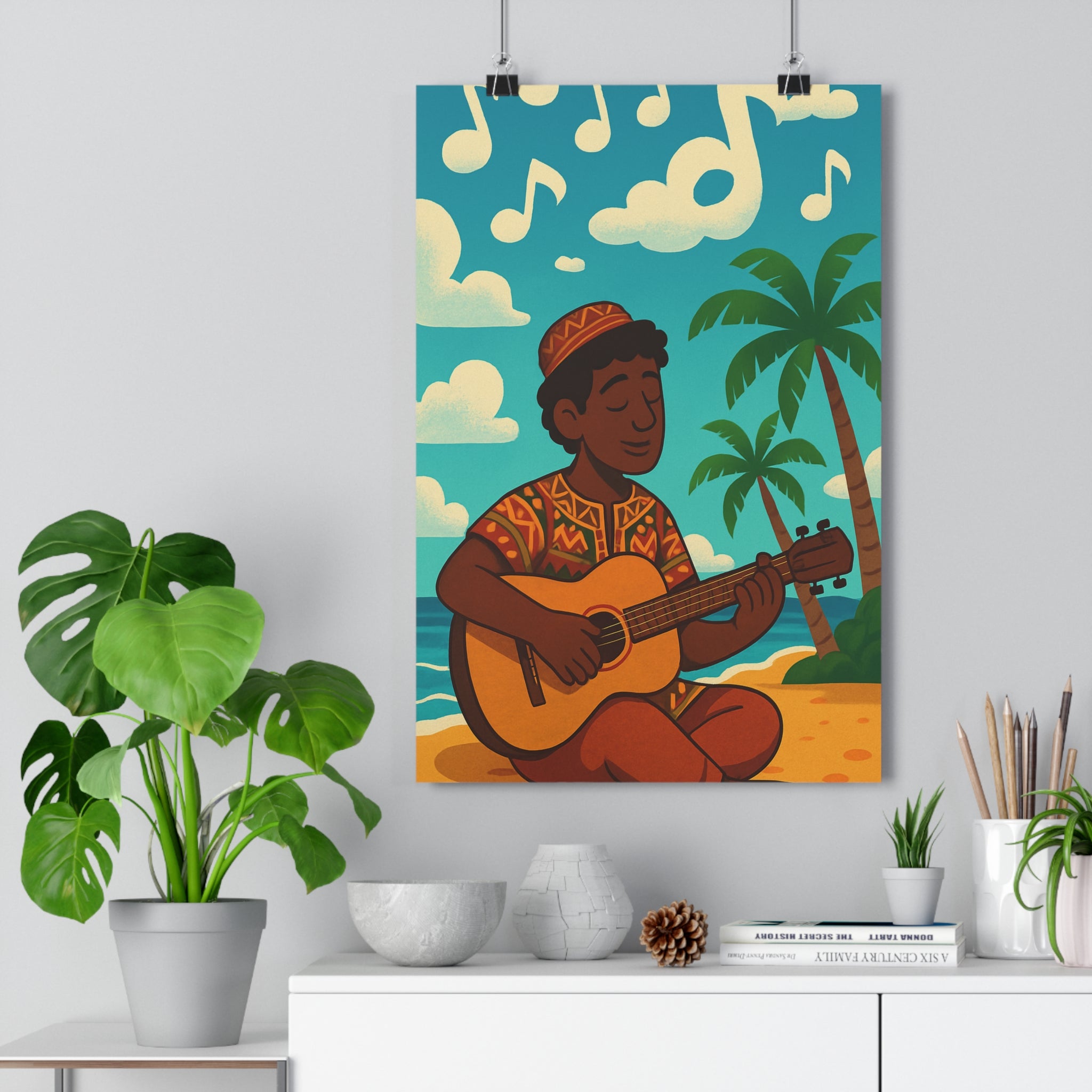 Poster décoratif dessin animé coloré plage joyeux apaisant salon chambre bureau ambiance musique guitare