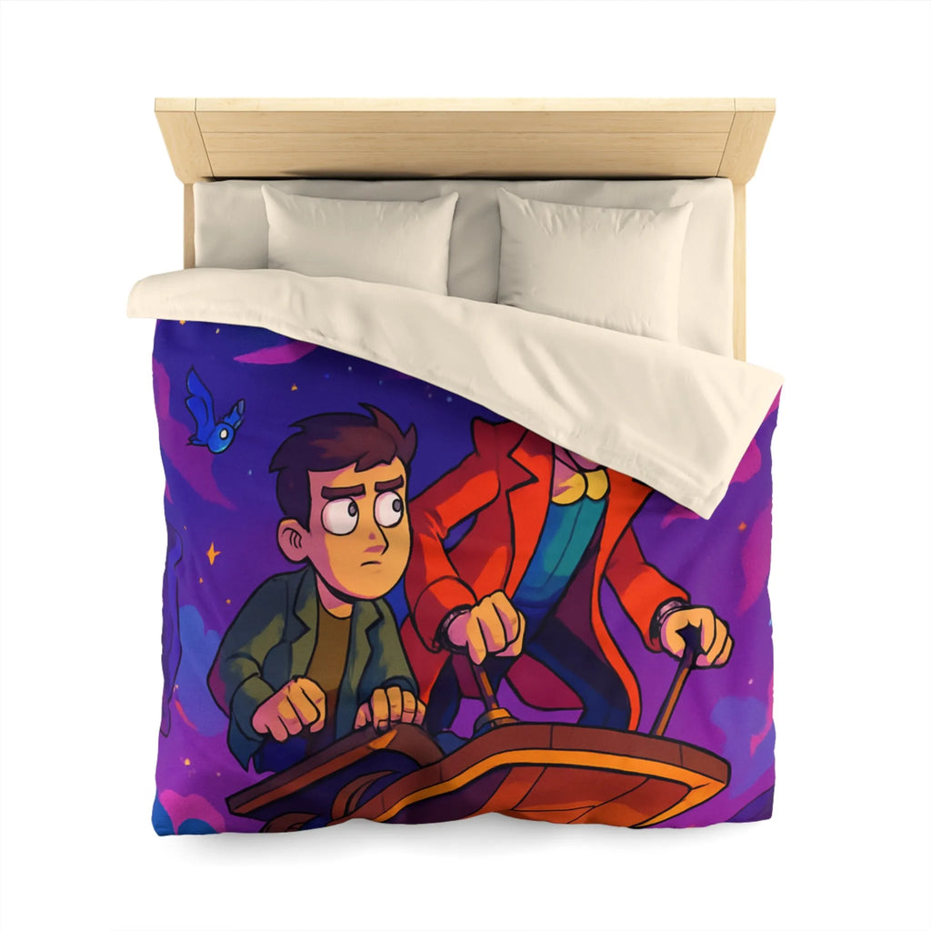 Housse de couette avec illustration d’aventuriers et animaux dans l’espace coloré et rétro