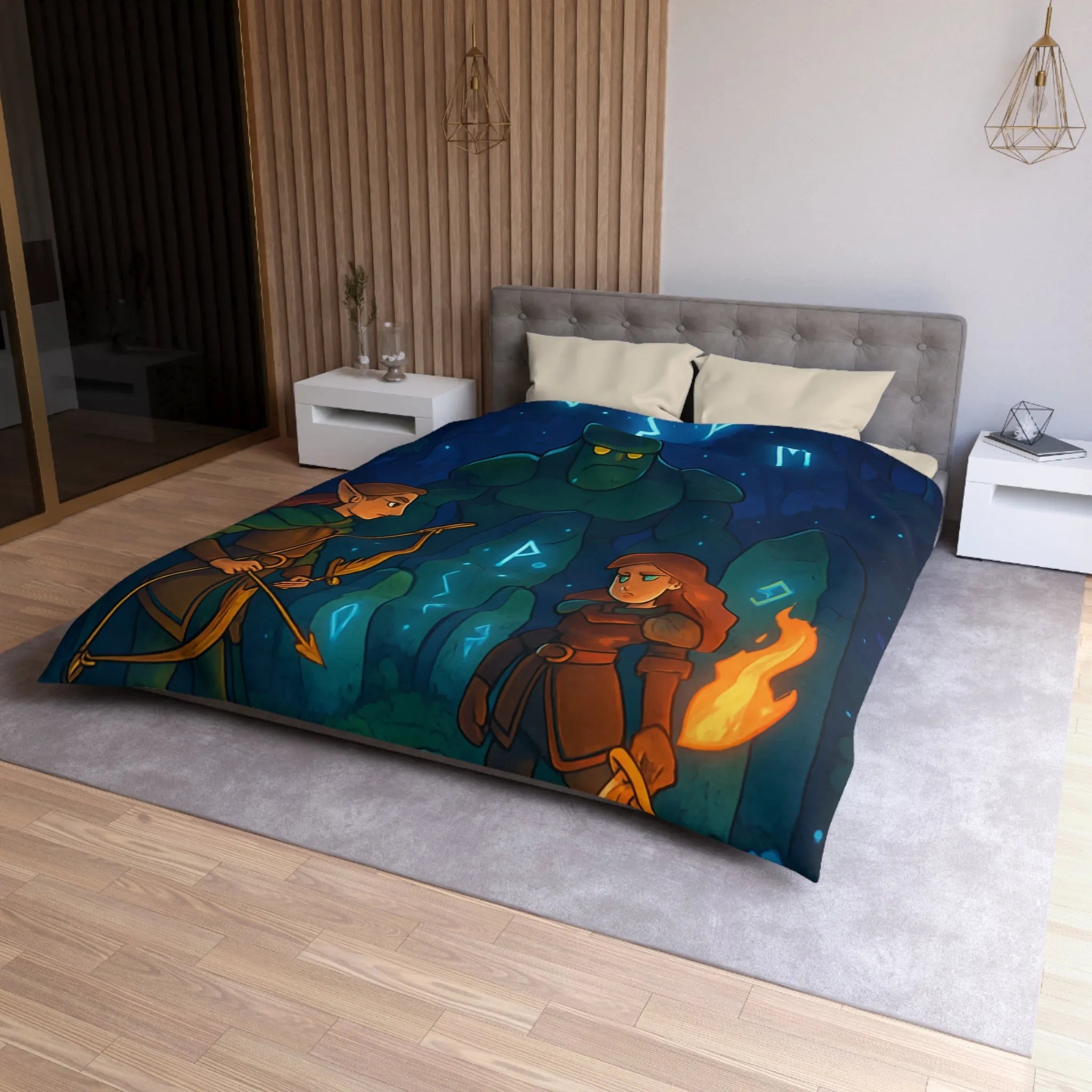 Housse de couette avec illustration de forêt mystique illuminée par runes magiques et lune