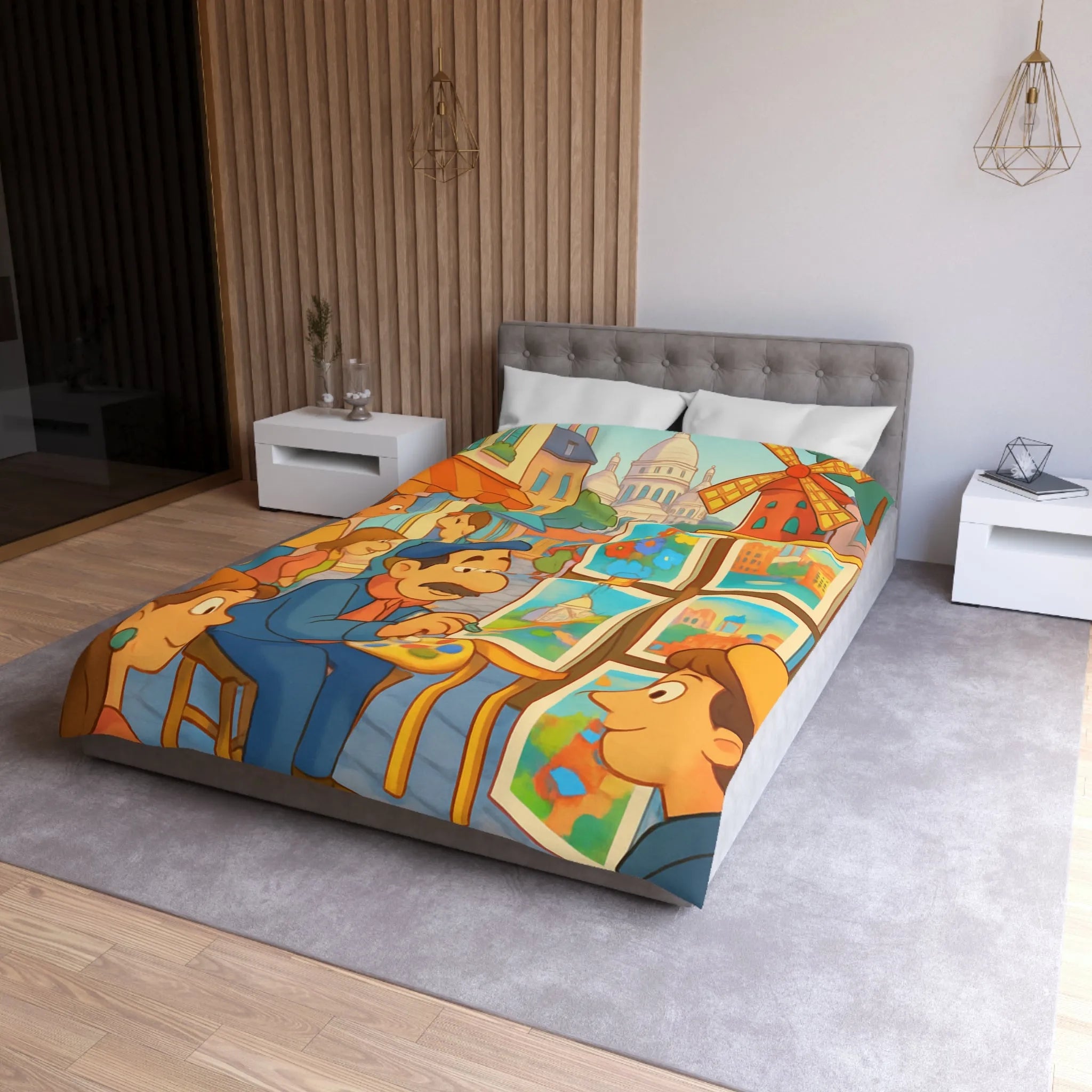 Housse de Couette Illustrée: Scène Parisienne Peintre et Moulin Rouge Enfants