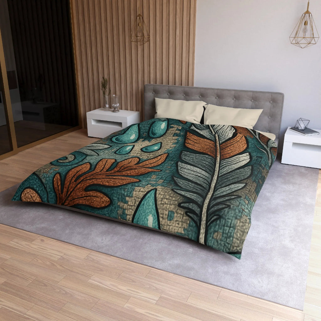 Housse de Couette Élégante avec Plumes et Feuilles, Teintes Bleues et Oranges