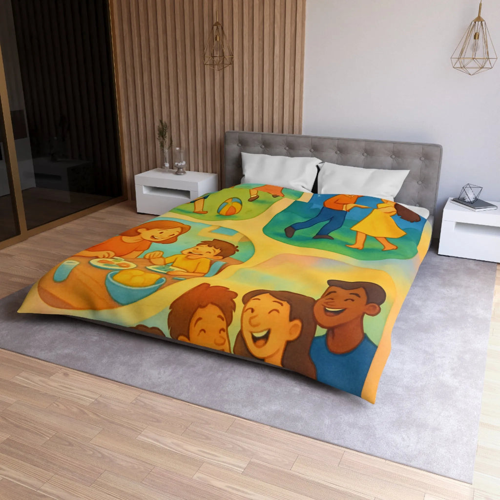 Housse de couette colorée illustrant des scènes joyeuses de la vie quotidienne familiale