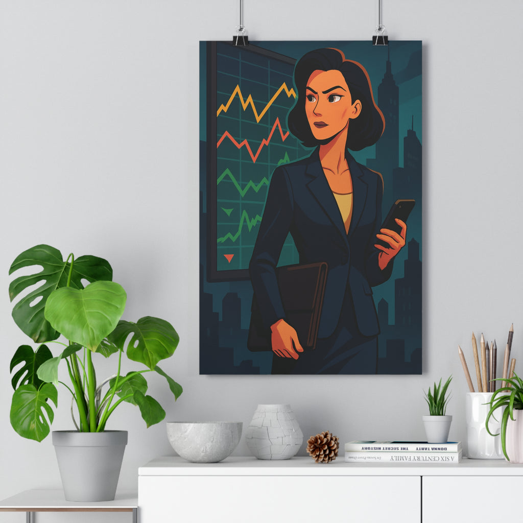 Poster décoratif moderne anime femme bourse bleu noir bureau élégant professionnel tendance graphique smartphone