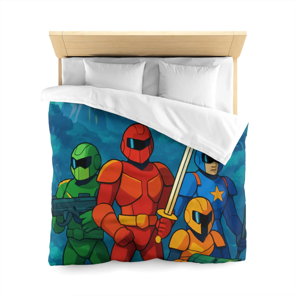 Housse de couette futuriste illustrant héros en armure dans forêt de science-fiction