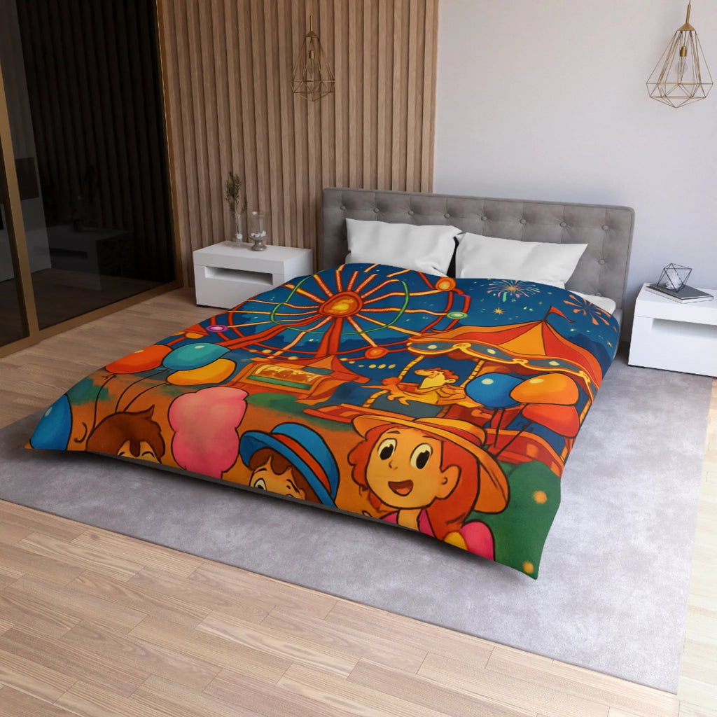 Housse de Couette Enfantine avec Grande Roue, Enfants et Feux d’Artifice Colorés