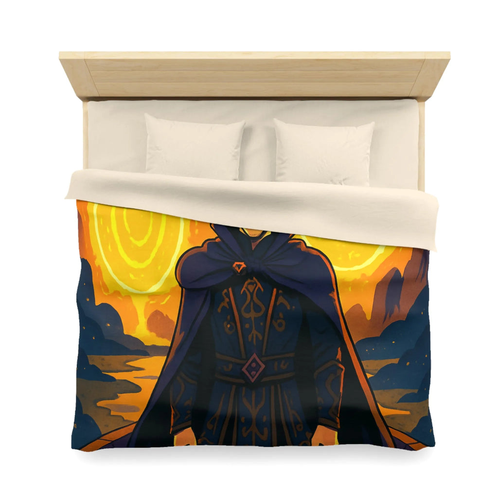 Housse de couette fantastique avec sorcier et portails lumineux dans paysage nocturne magique