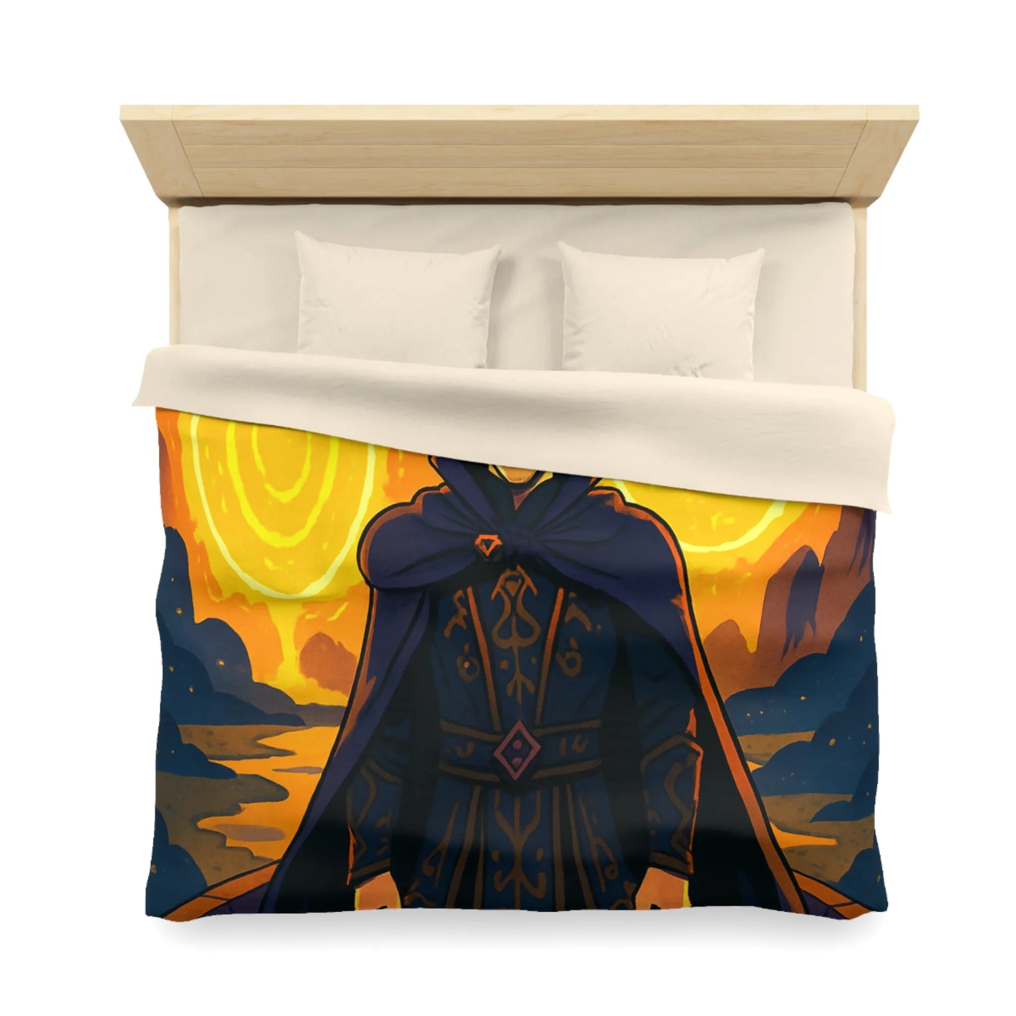 Housse de couette fantastique avec sorcier et portails lumineux dans paysage nocturne magique